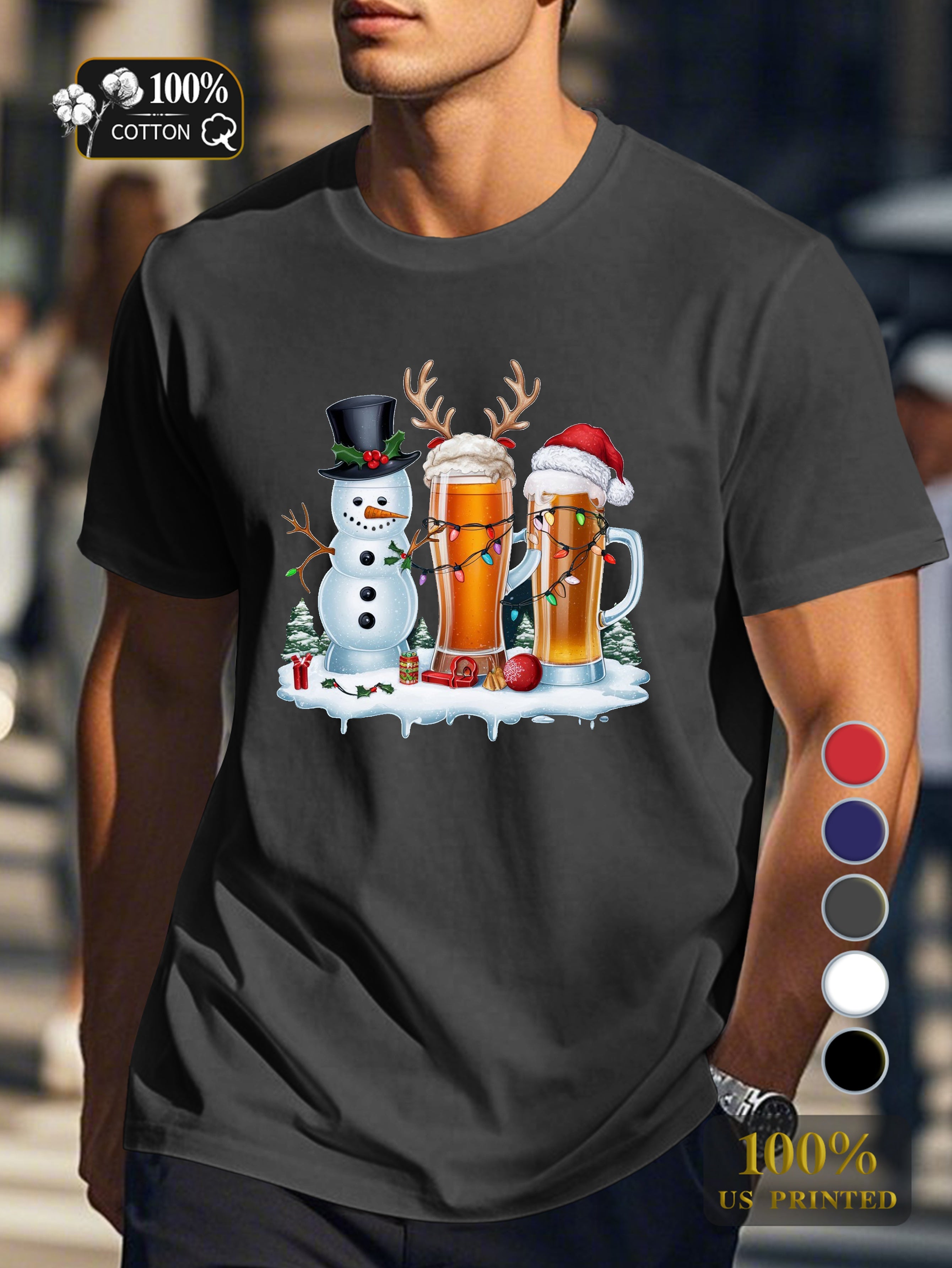 Holiday themed beer glasses Men's pure cotton Tshirt Comfort Fit