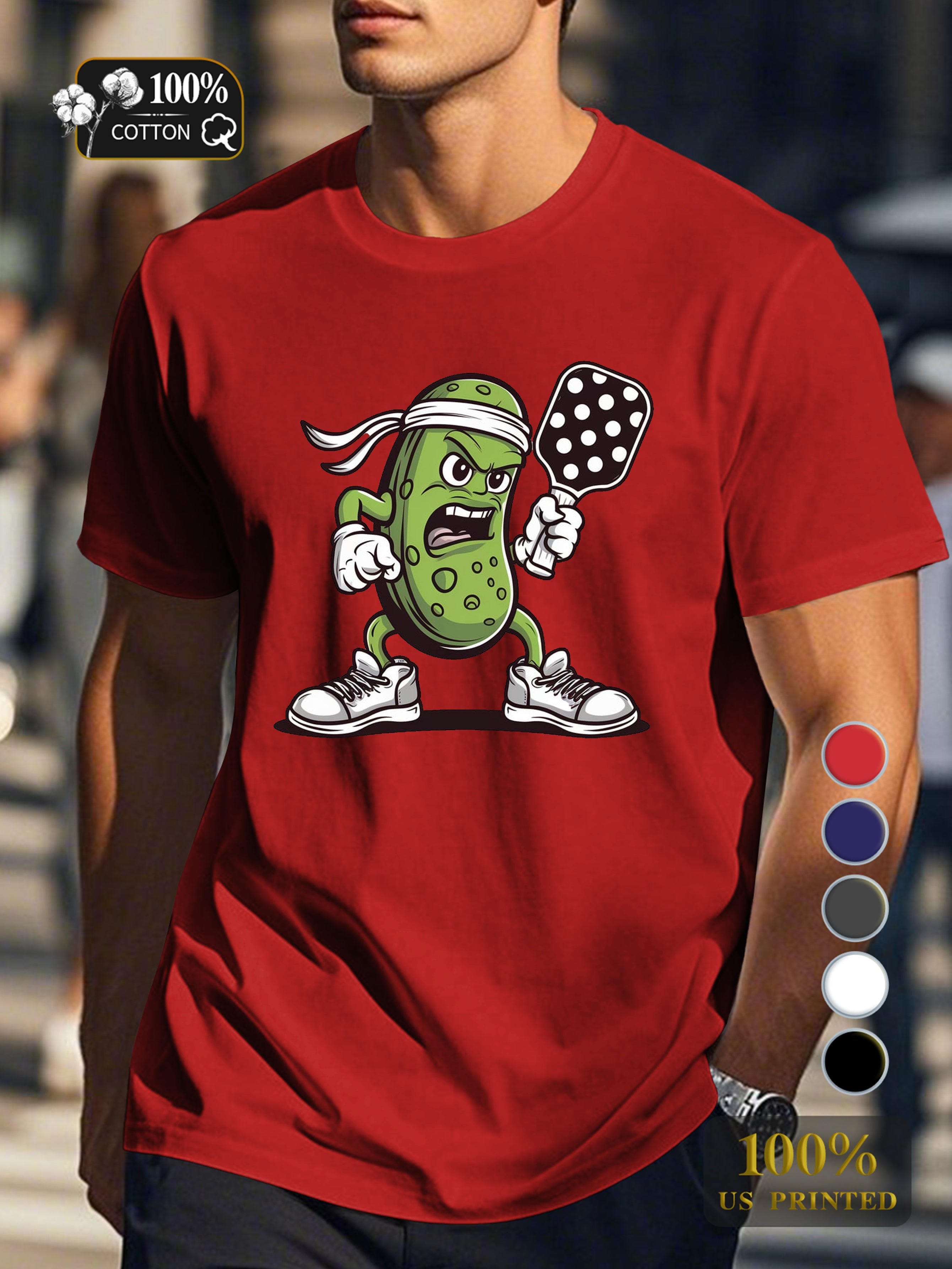 determined pickle character playing pickleball Men's pure cotton Tshirt Comfort Fit