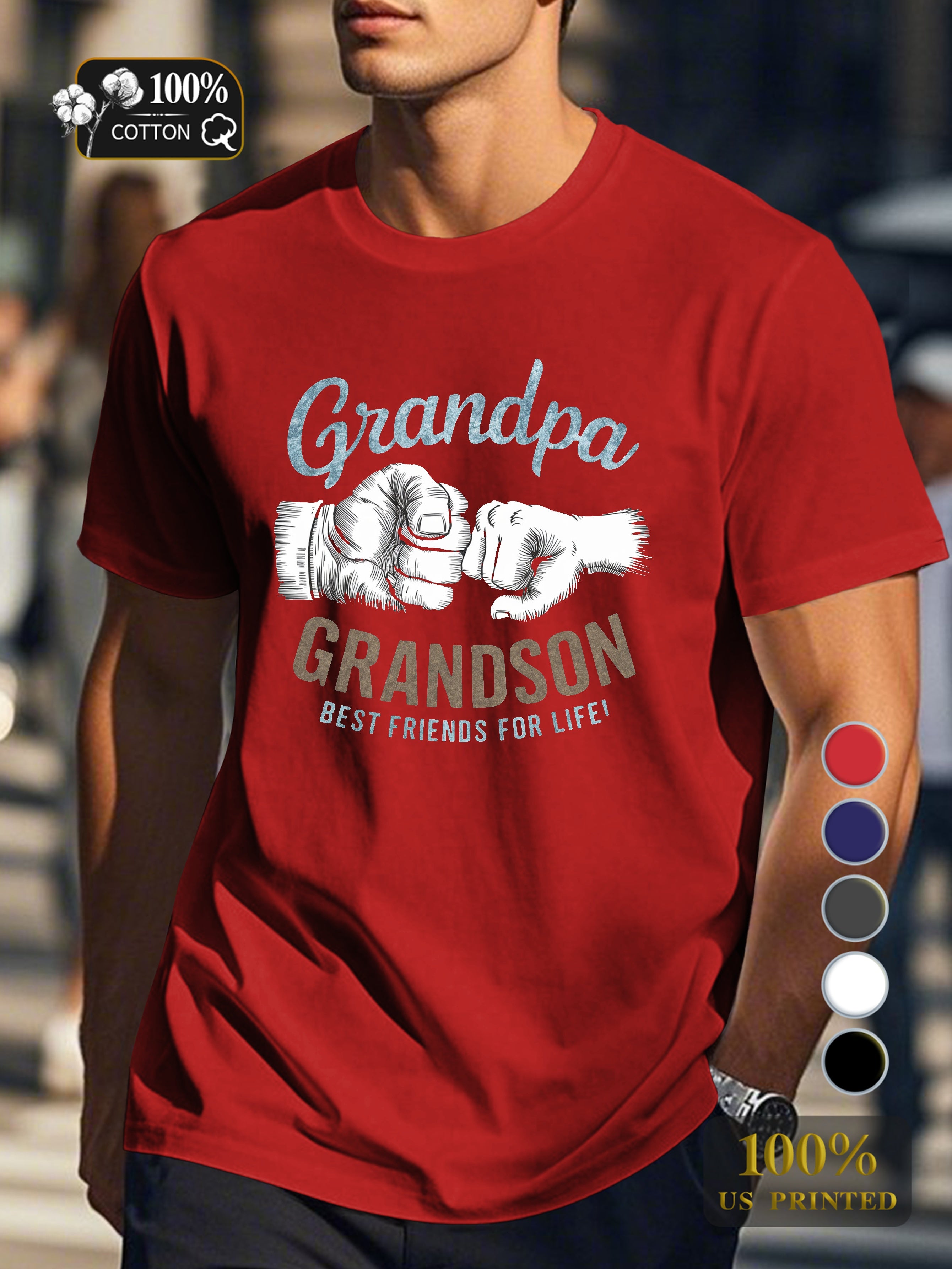 Grandpa and grandson illustration Men's pure cotton Tshirt Comfort Fit