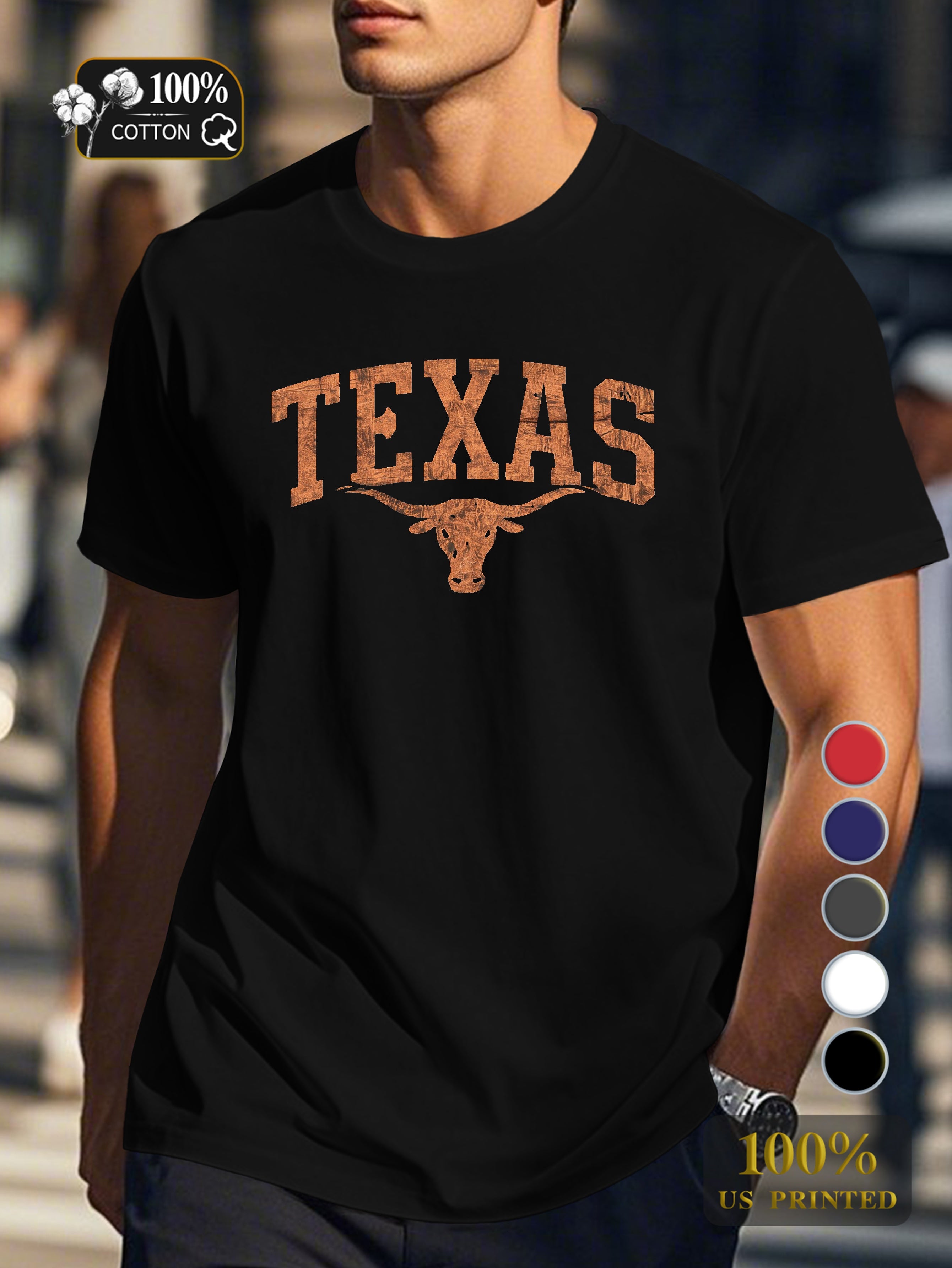 Texas typography with longhorn emblem Men's pure cotton Tshirt Comfort Fit