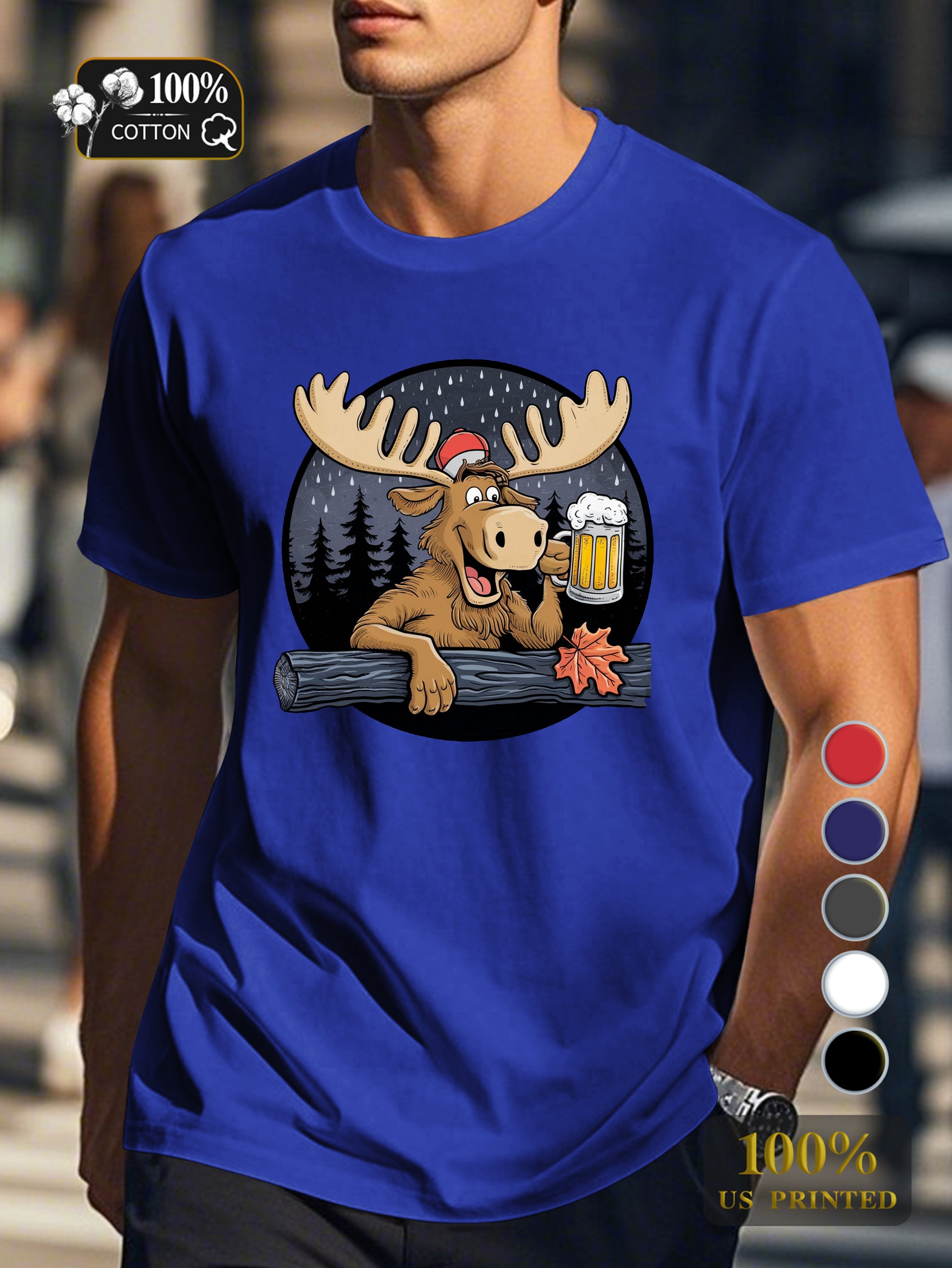cheerful moose with beer Men's pure cotton Tshirt Comfort Fit