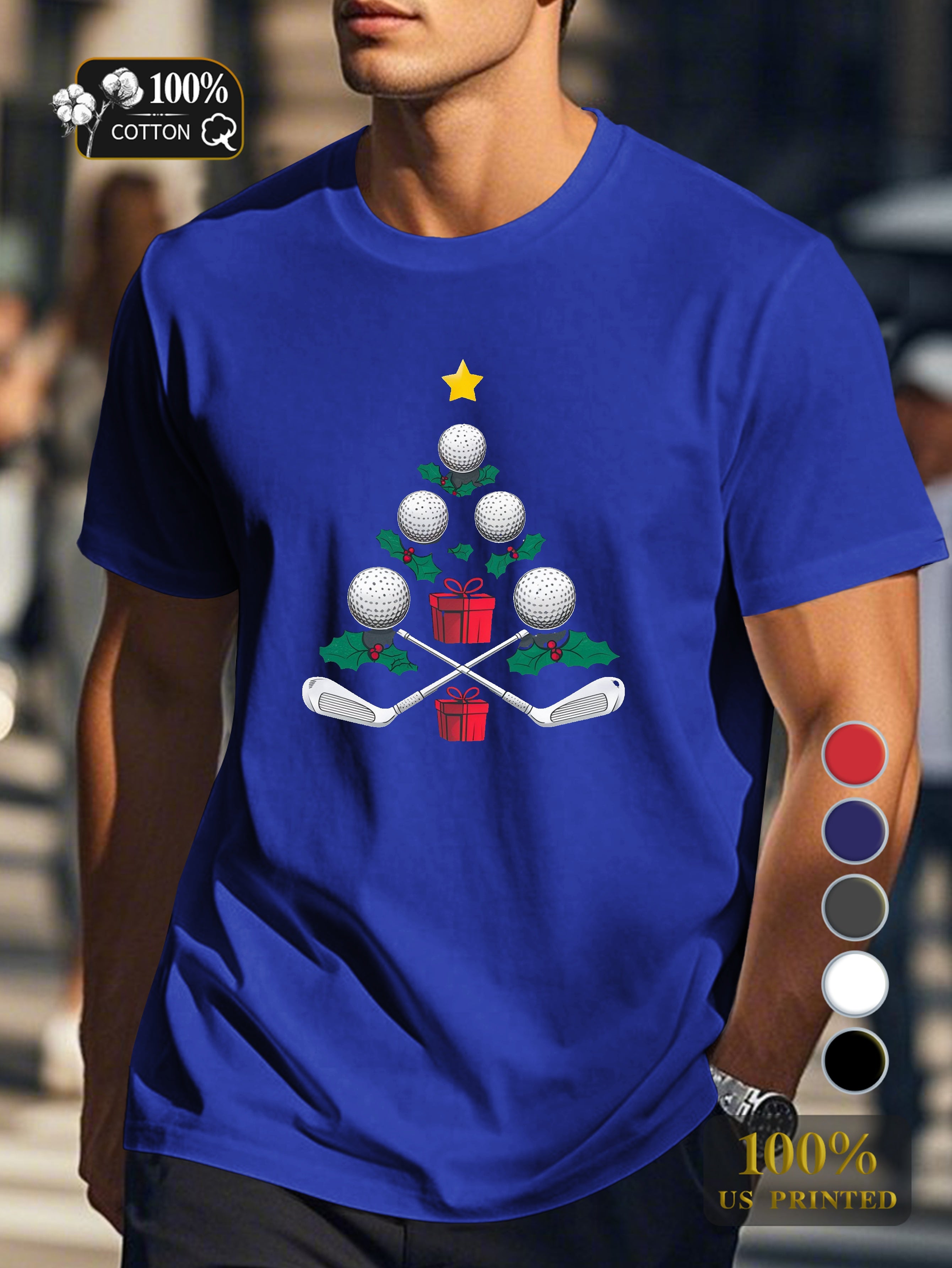 golf themed Christmas tree Men's pure cotton Tshirt Comfort Fit