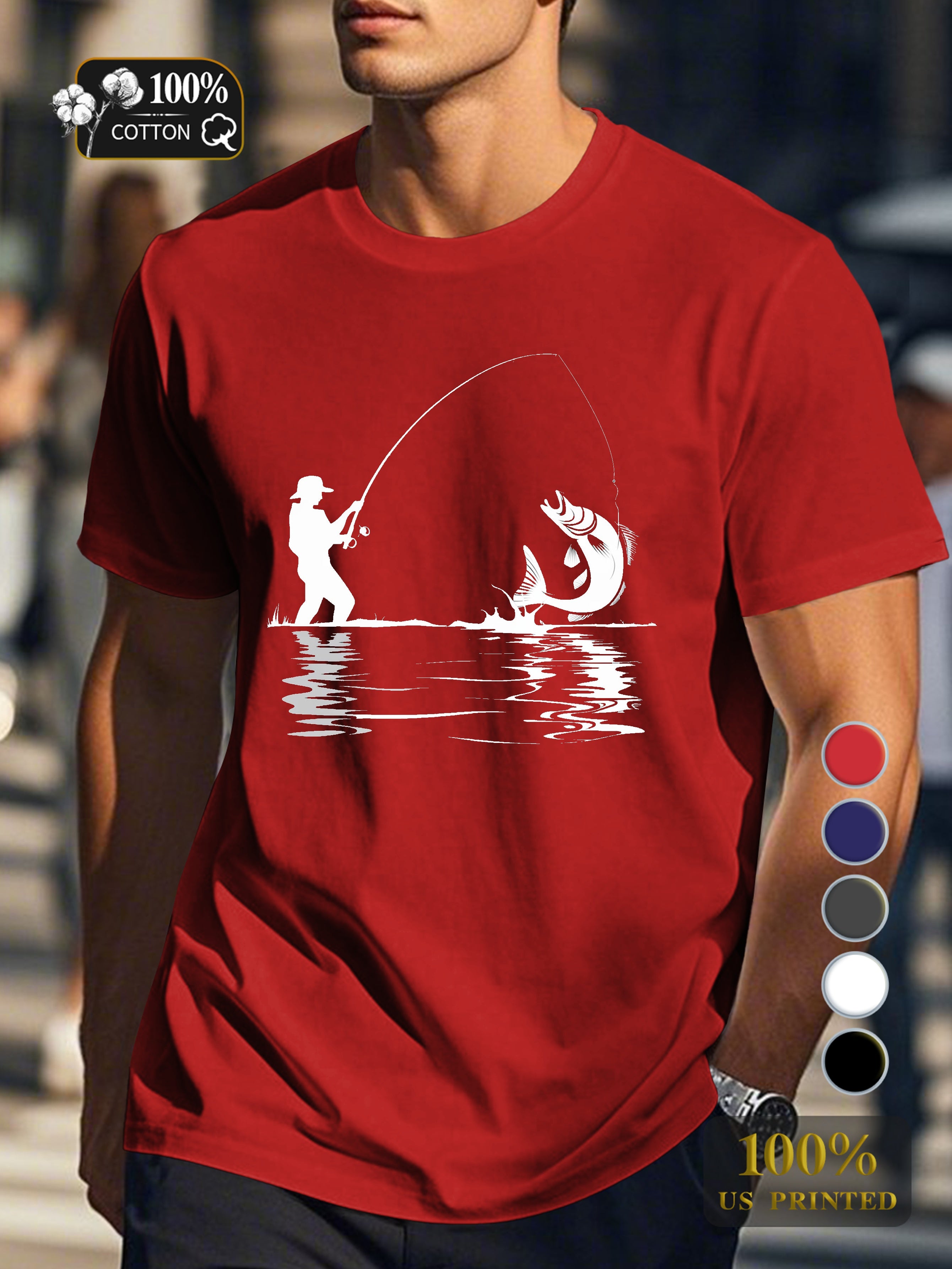 Silhouette of fishing scene Men's pure cotton Tshirt Comfort Fit