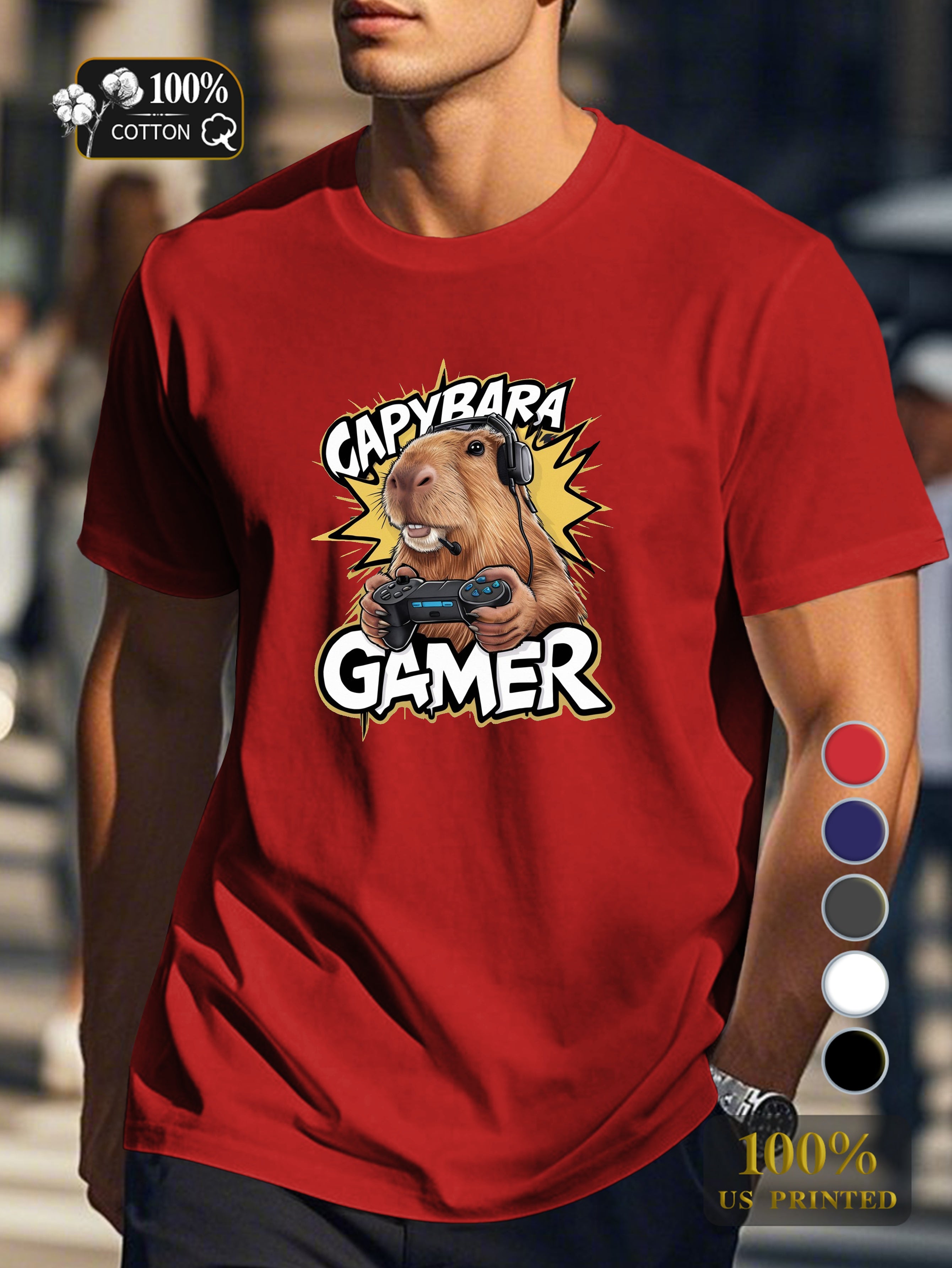 capybara gaming illustration Men's pure cotton Tshirt Comfort Fit