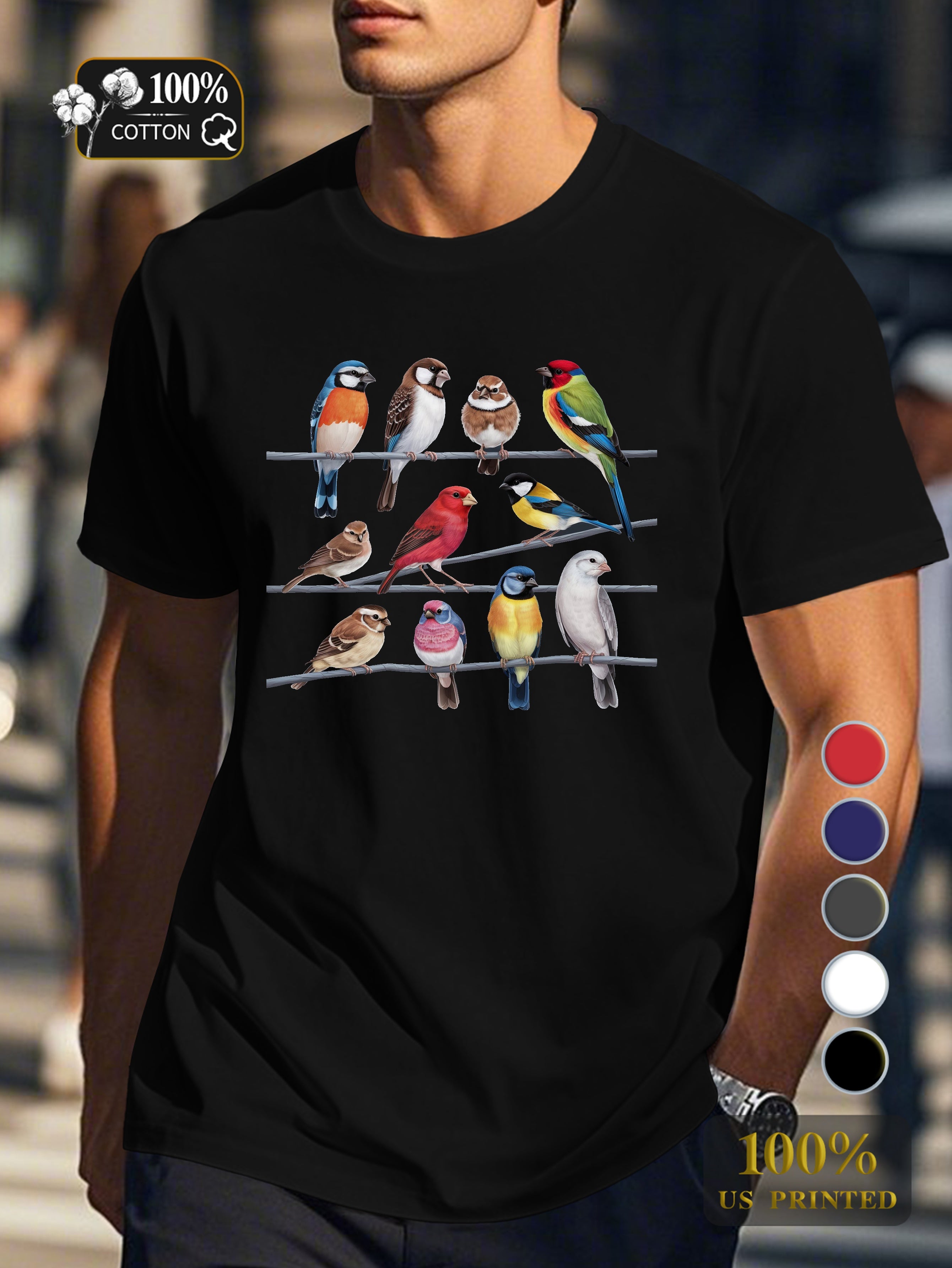 colorful birds illustration Men's pure cotton Tshirt Comfort Fit