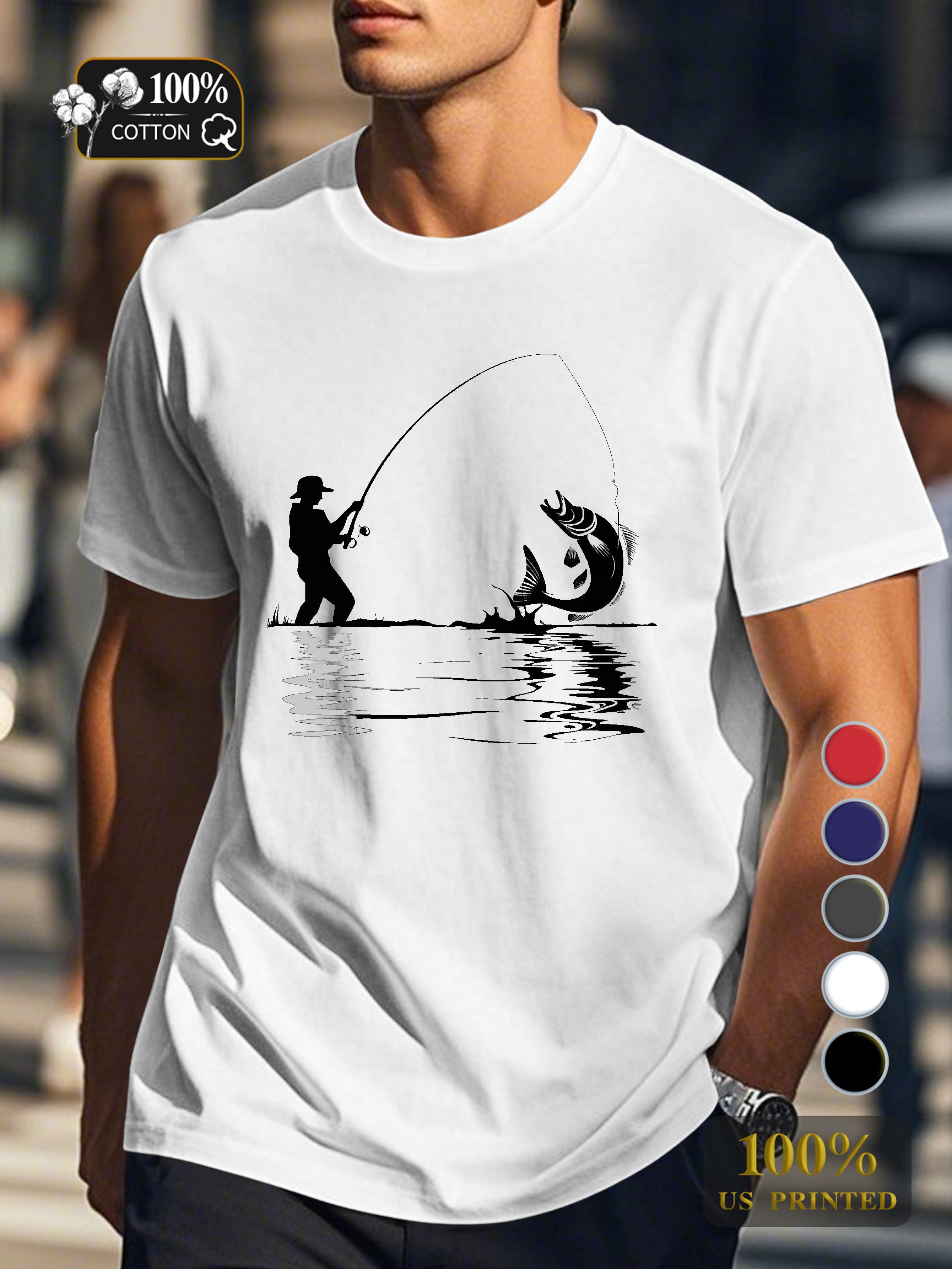 Silhouette of fishing scene Men's pure cotton Tshirt Comfort Fit