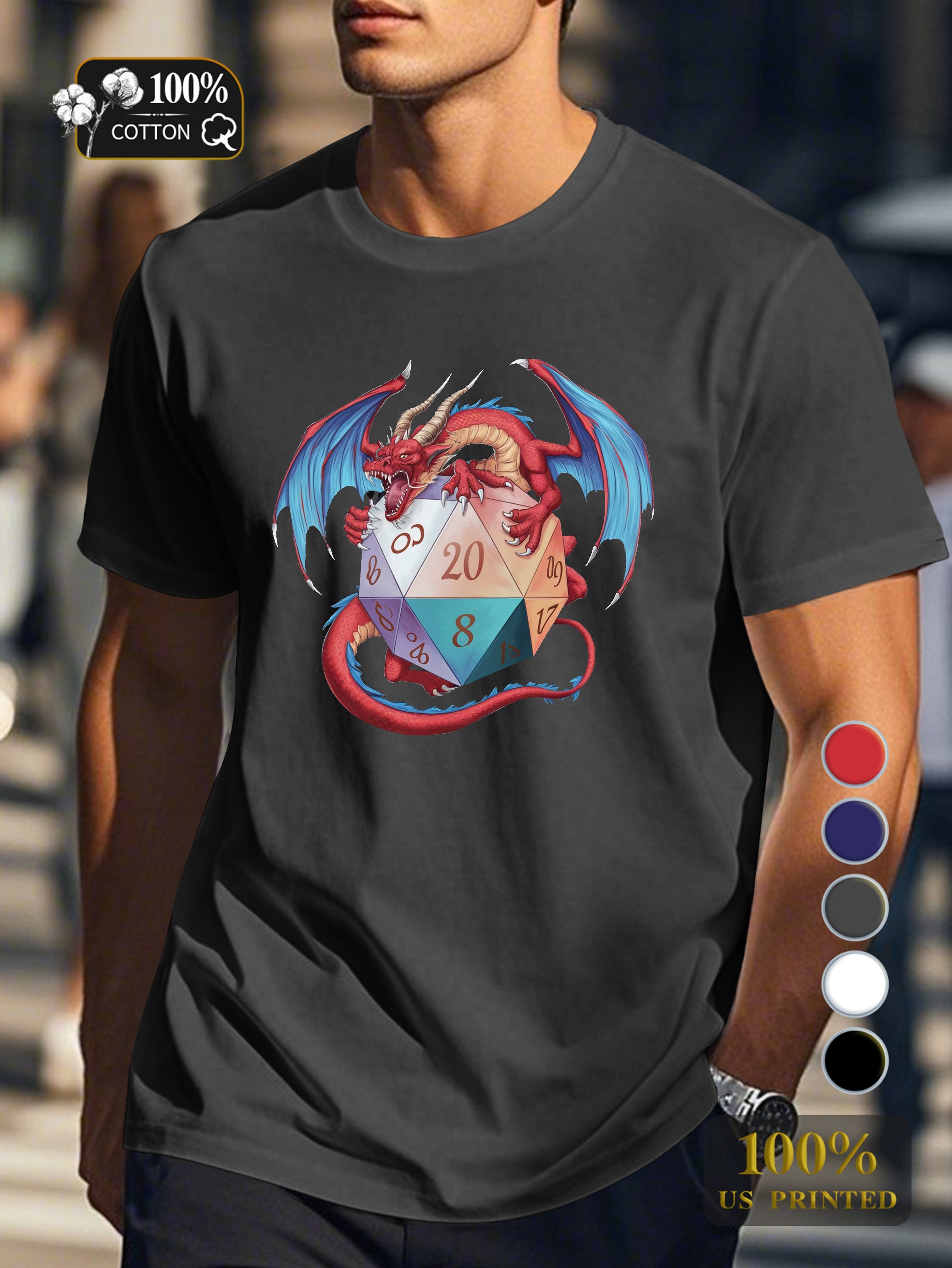Red dragon with d20 Men's pure cotton Tshirt Comfort Fit