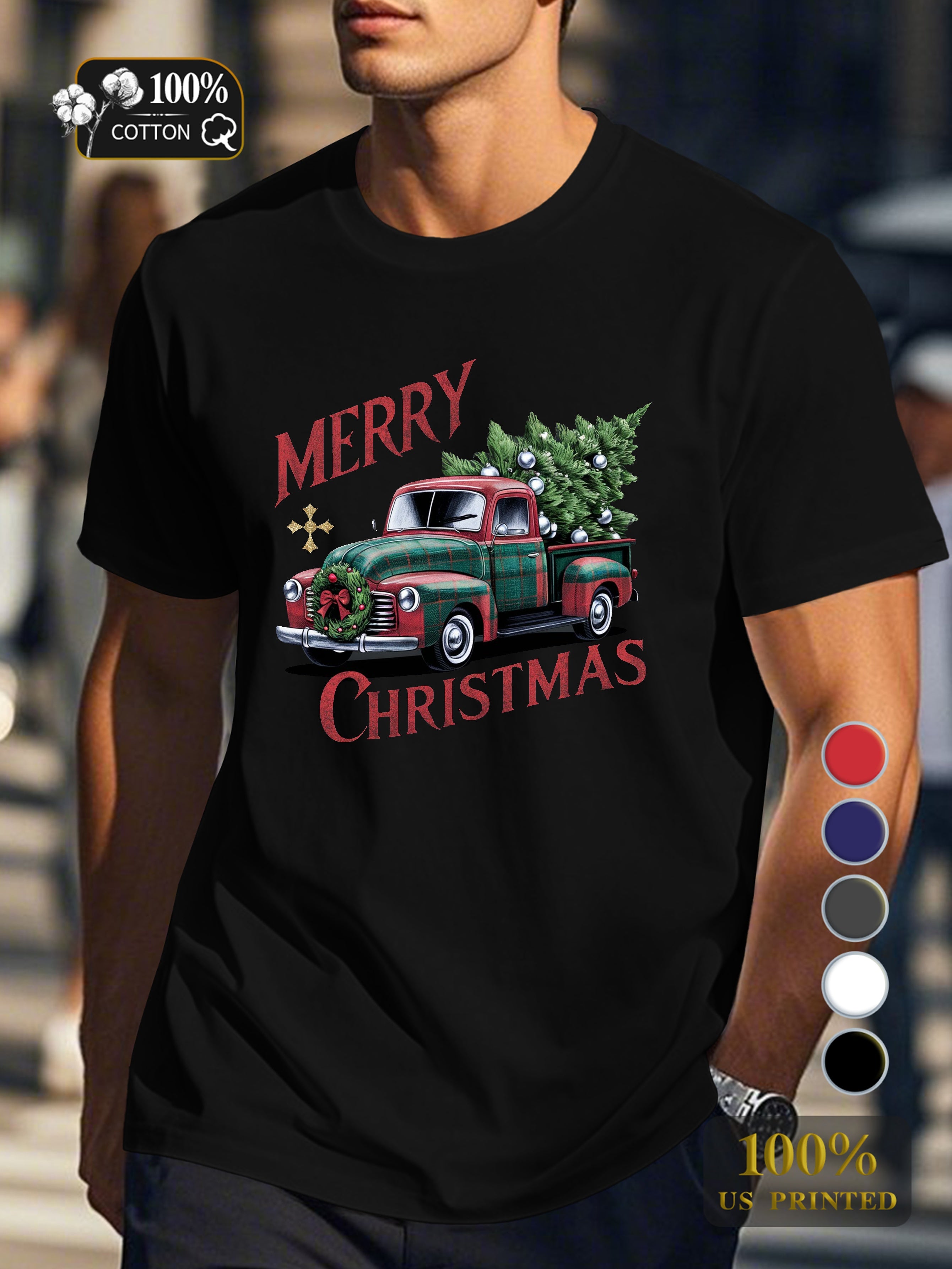 vintage Christmas red truck Men's pure cotton Tshirt Comfort Fit