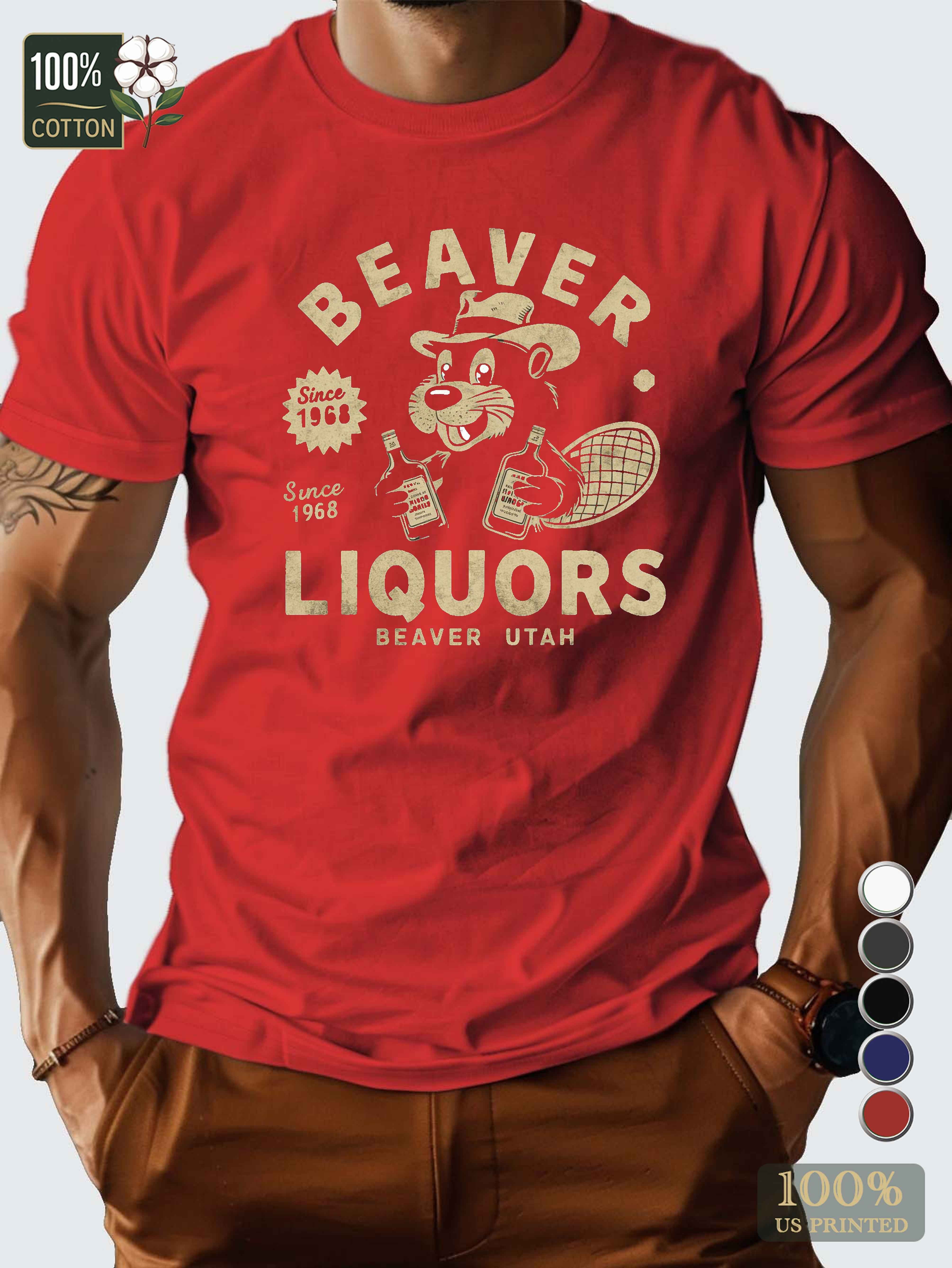 Cartoon beaver with liquor bottles Men's pure cotton Tshirt Comfort Fit
