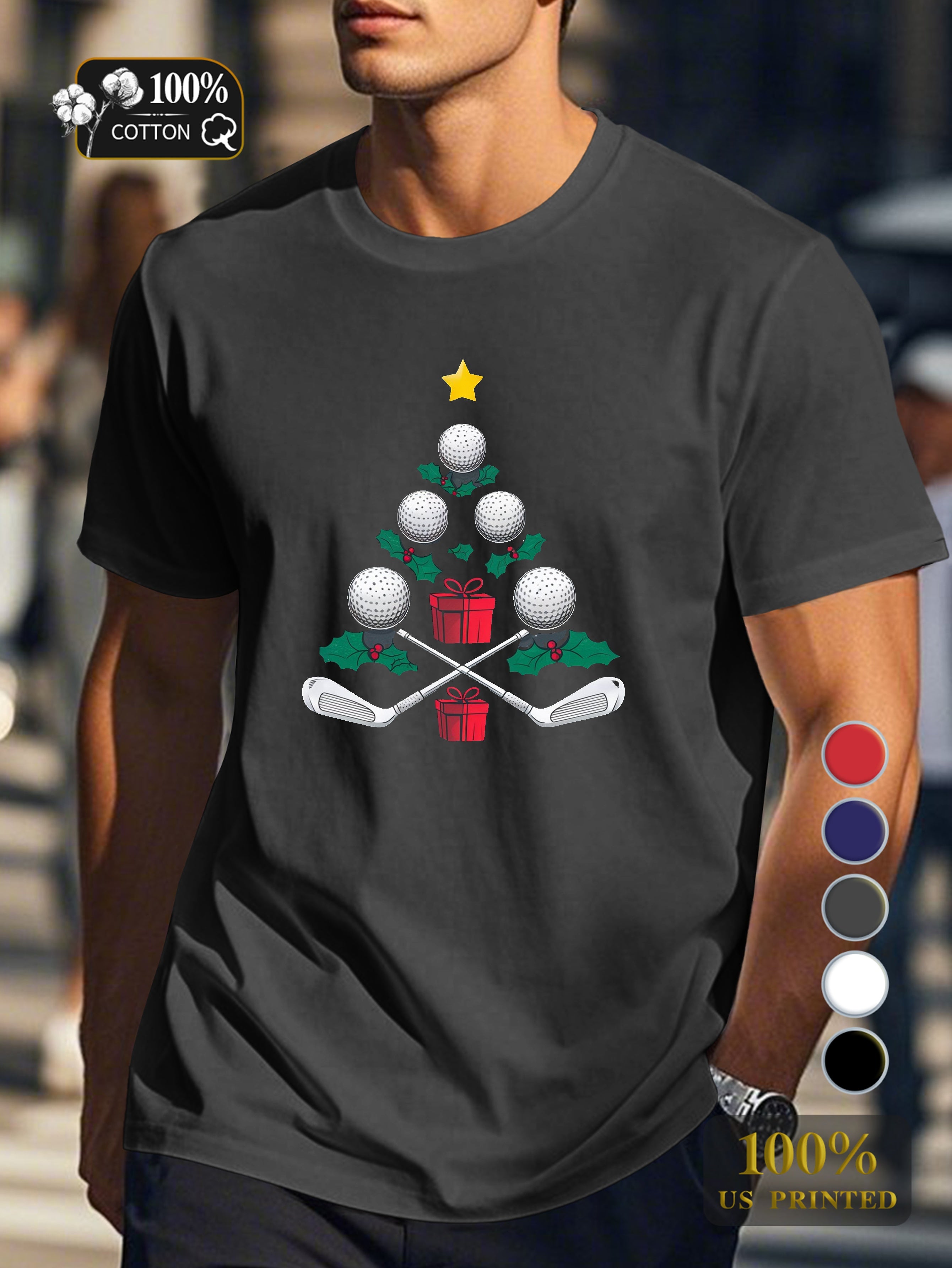 golf themed Christmas tree Men's pure cotton Tshirt Comfort Fit