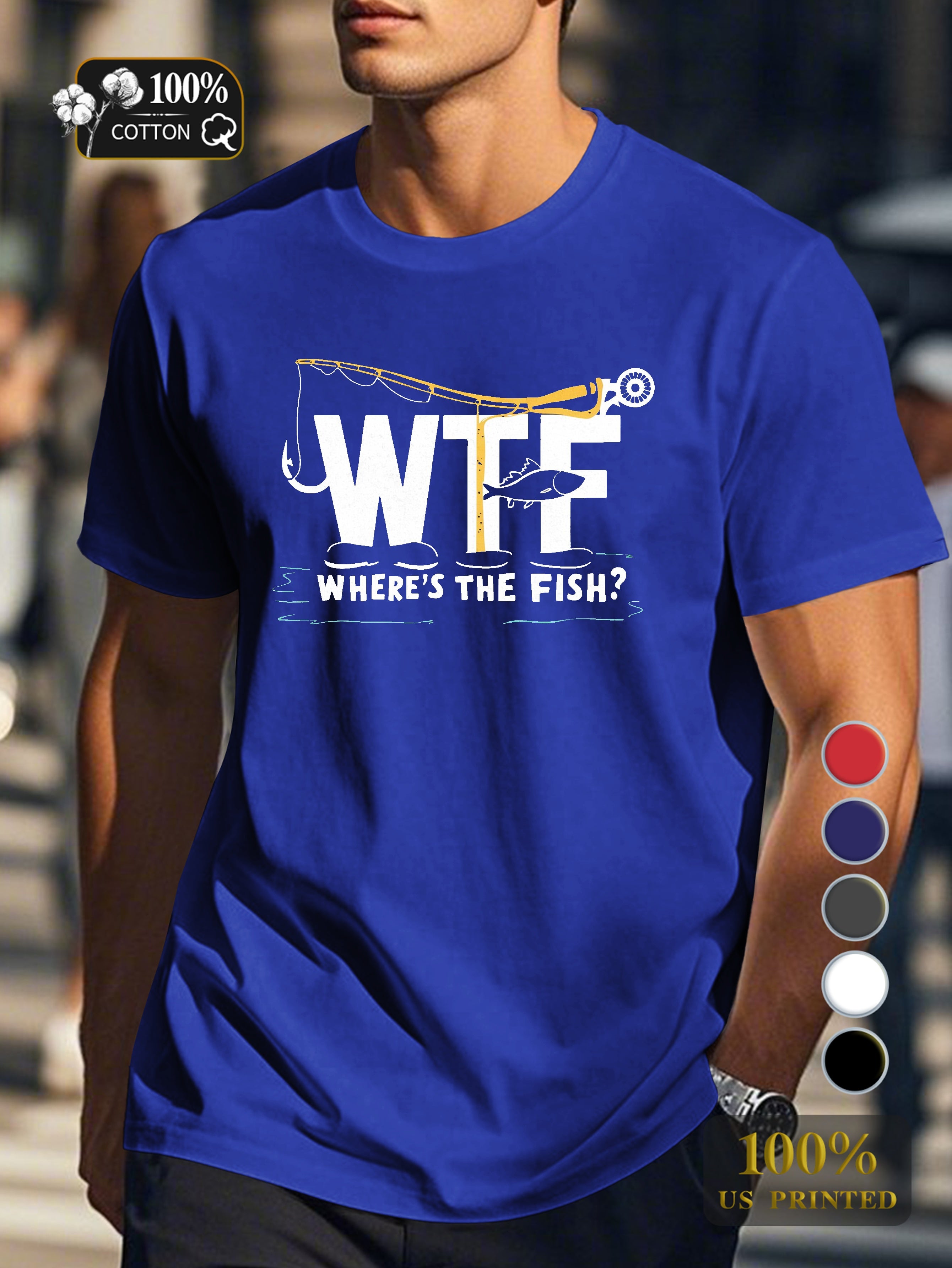 WTF fishing themed illustration Men's pure cotton Tshirt Comfort Fit