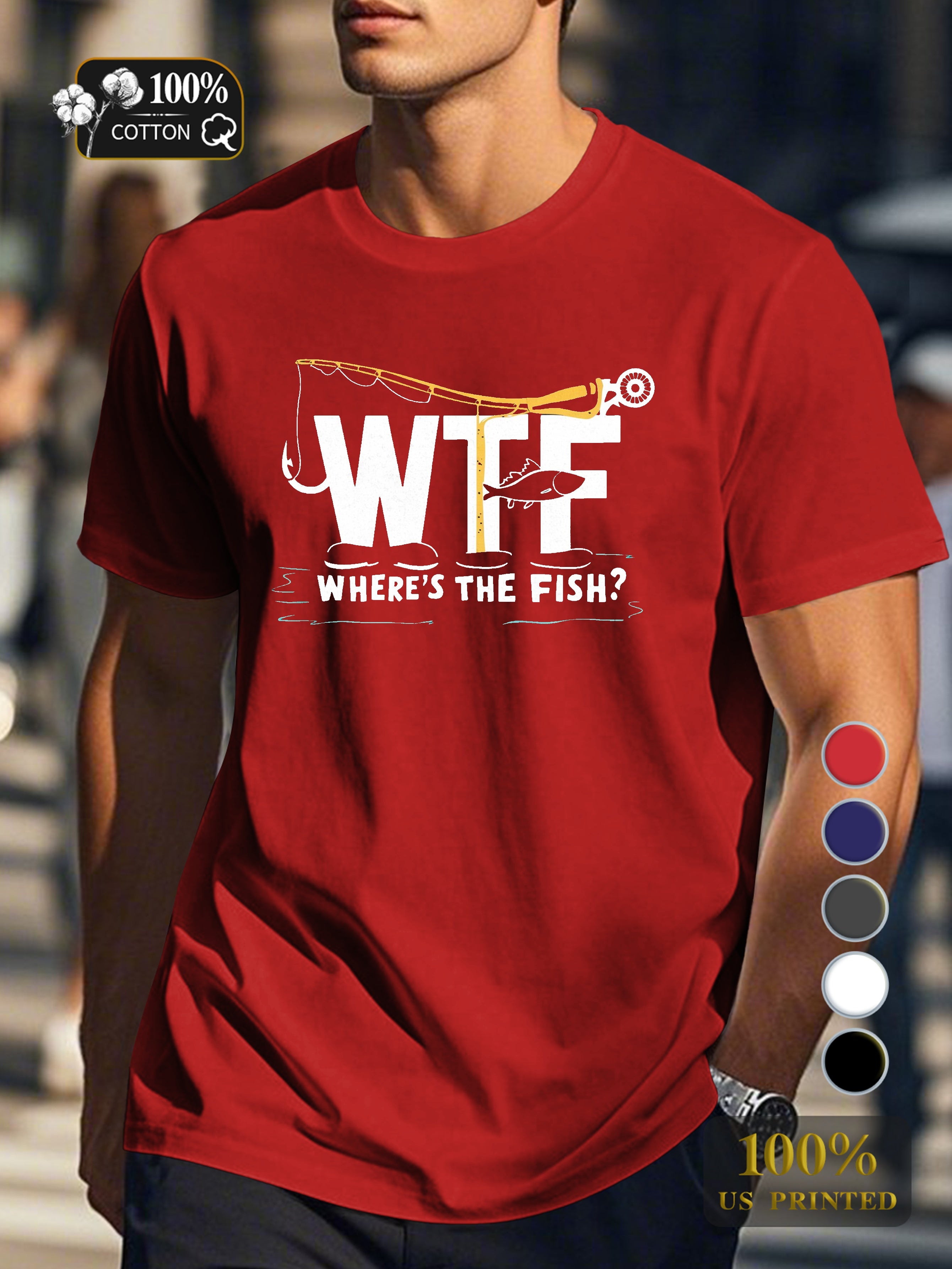 WTF fishing themed illustration Men's pure cotton Tshirt Comfort Fit
