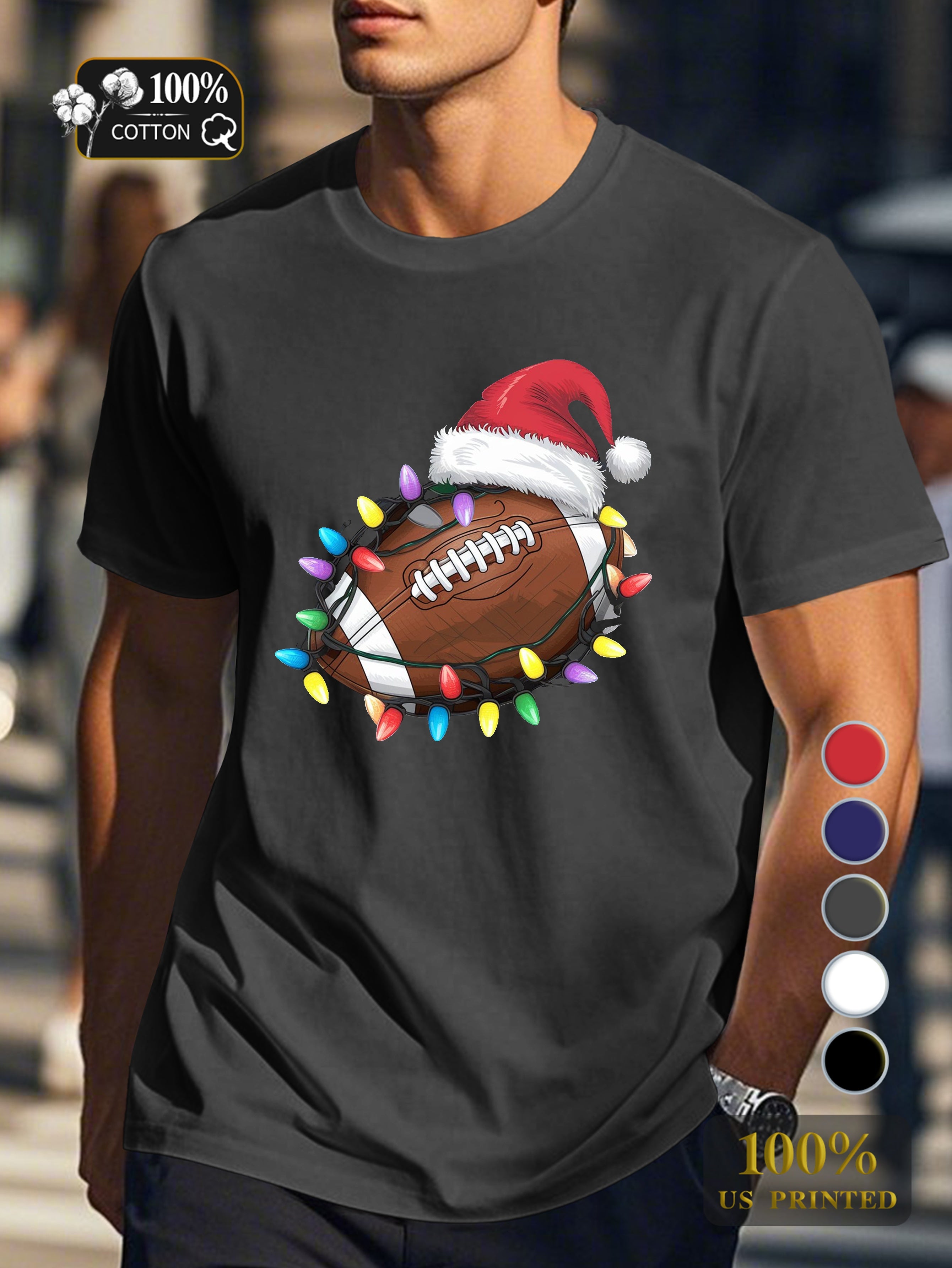 football with Christmas lights Men's pure cotton Tshirt Comfort Fit