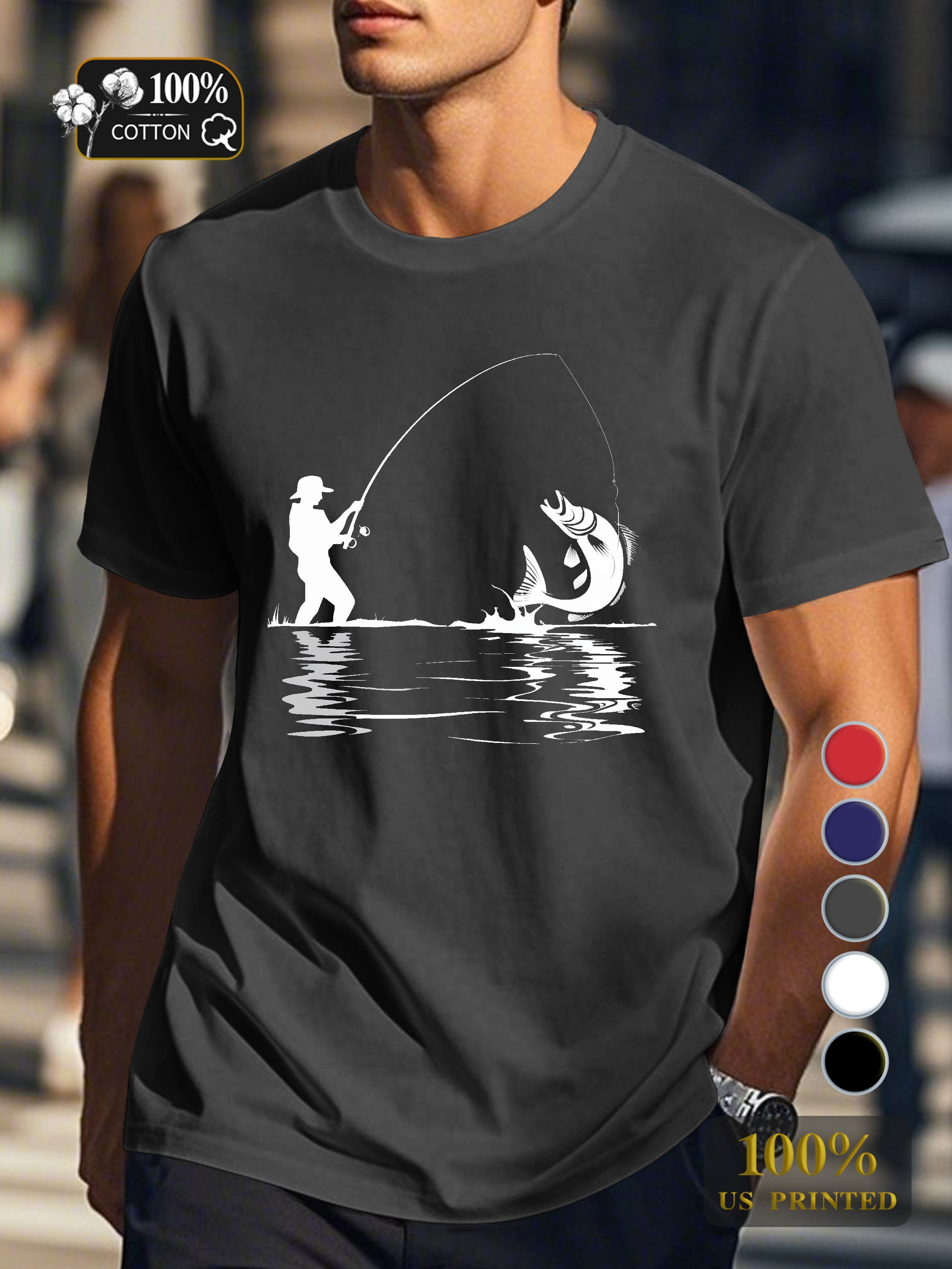 Silhouette of fishing scene Men's pure cotton Tshirt Comfort Fit