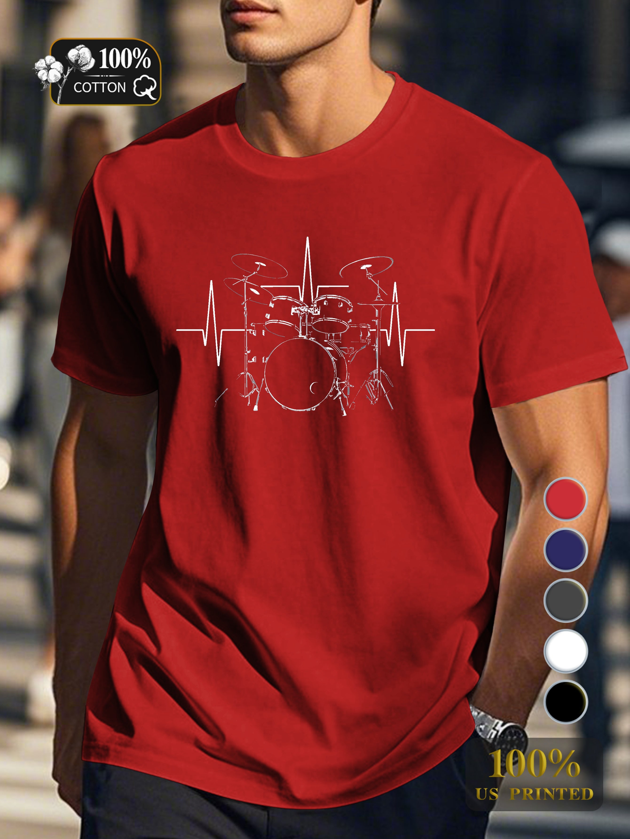 meticulously rendered drum set Men's pure cotton Tshirt Comfort Fit
