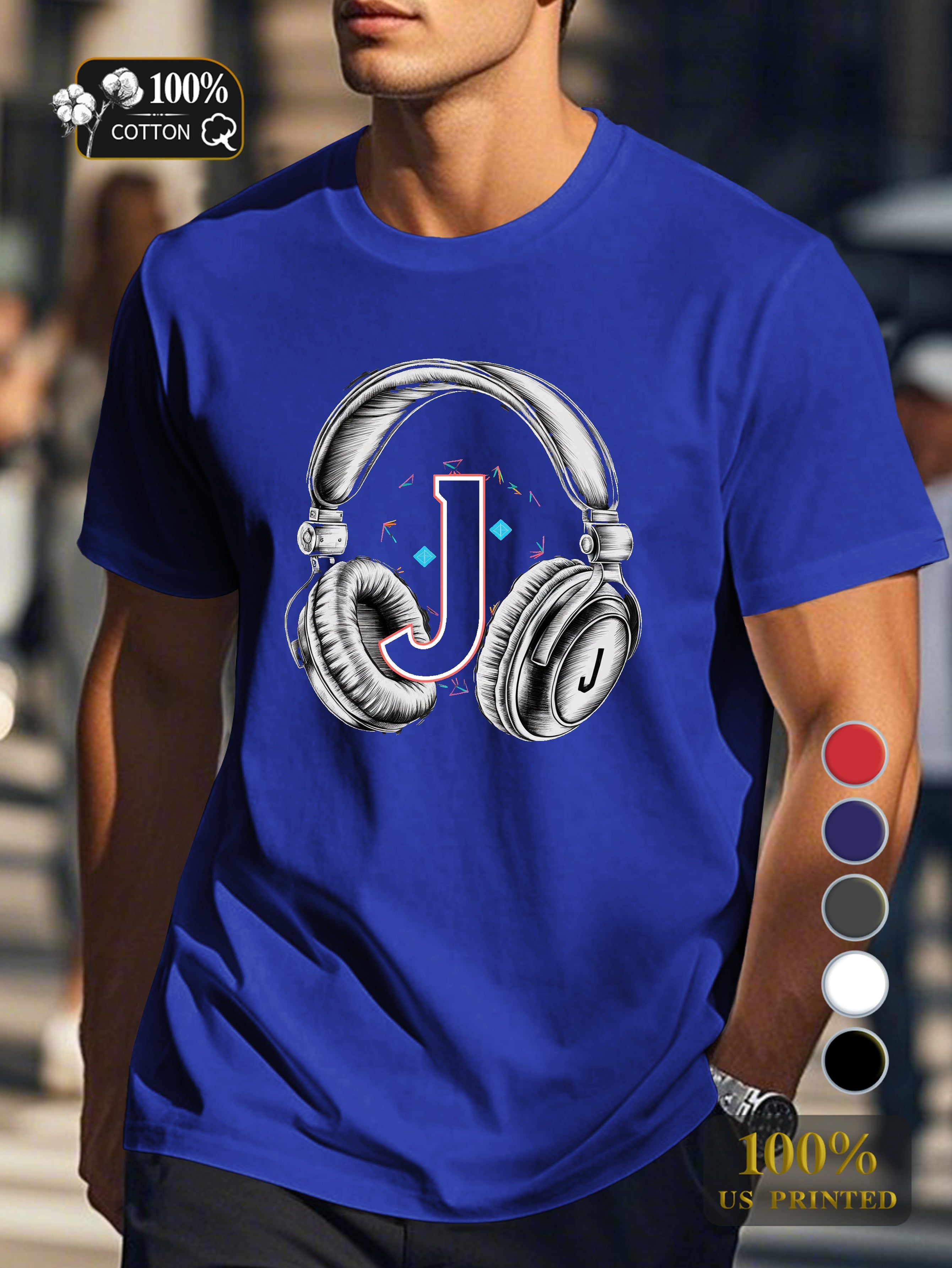vintage headphones and letter J Men's pure cotton Tshirt Comfort Fit