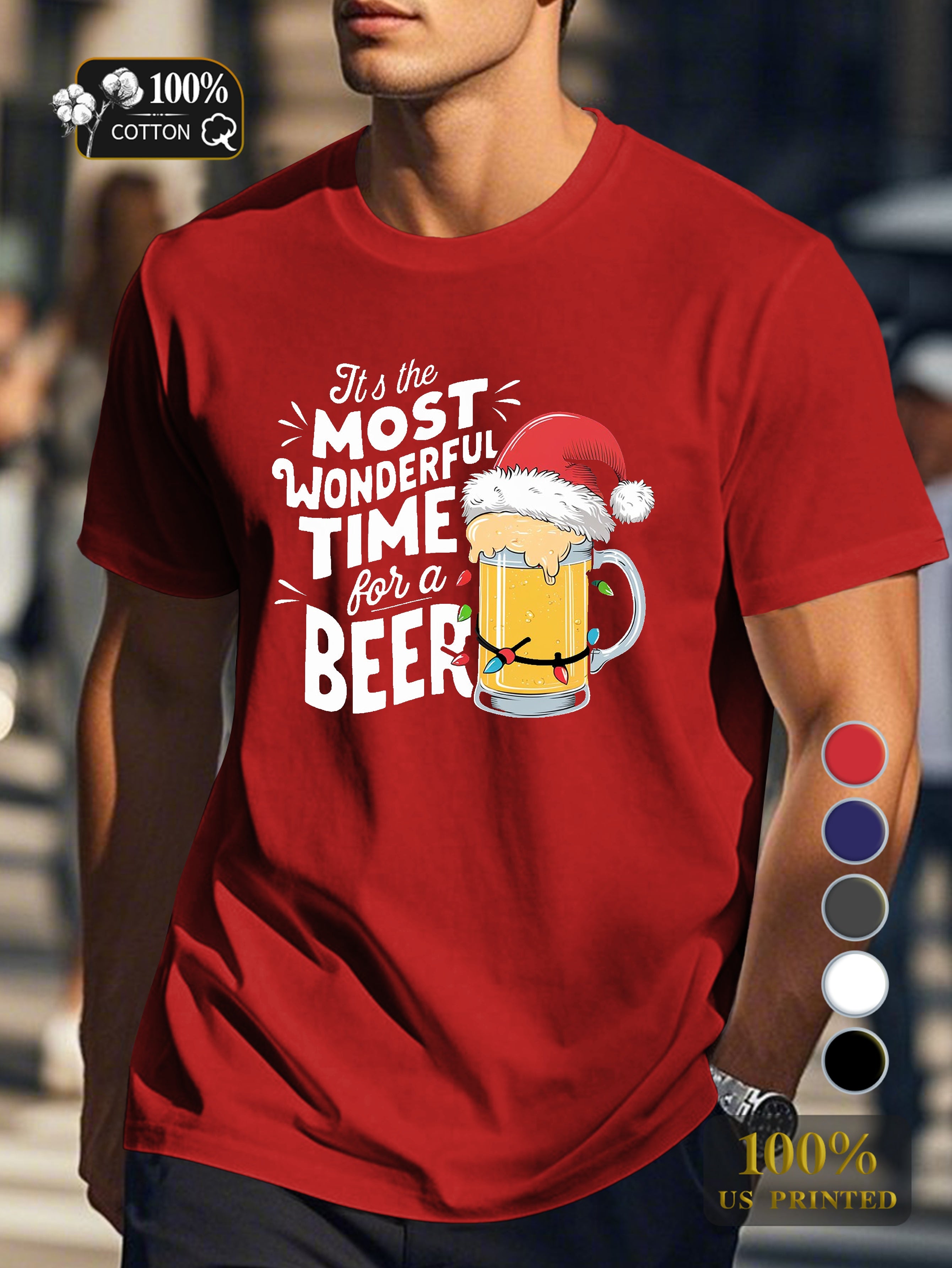 Beer mug with Santa hat Men's pure cotton Tshirt Comfort Fit