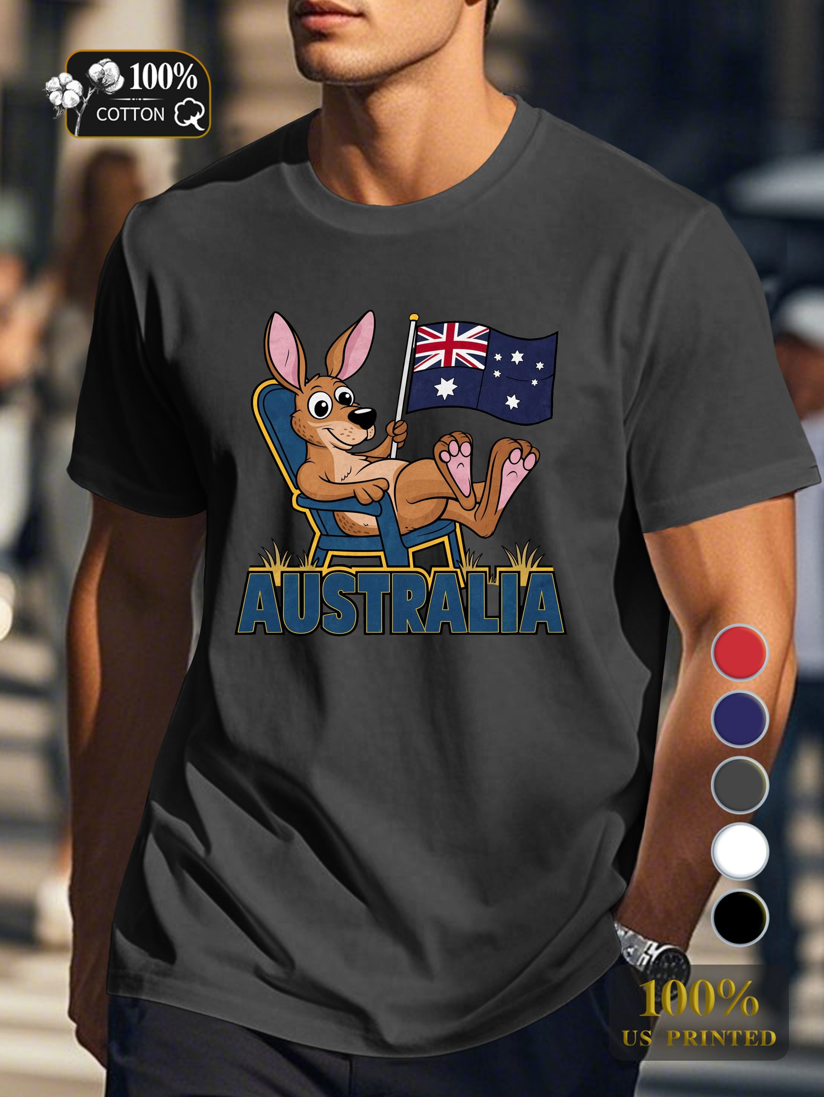 Cartoon kangaroo with flag Men's pure cotton Tshirt Comfort Fit