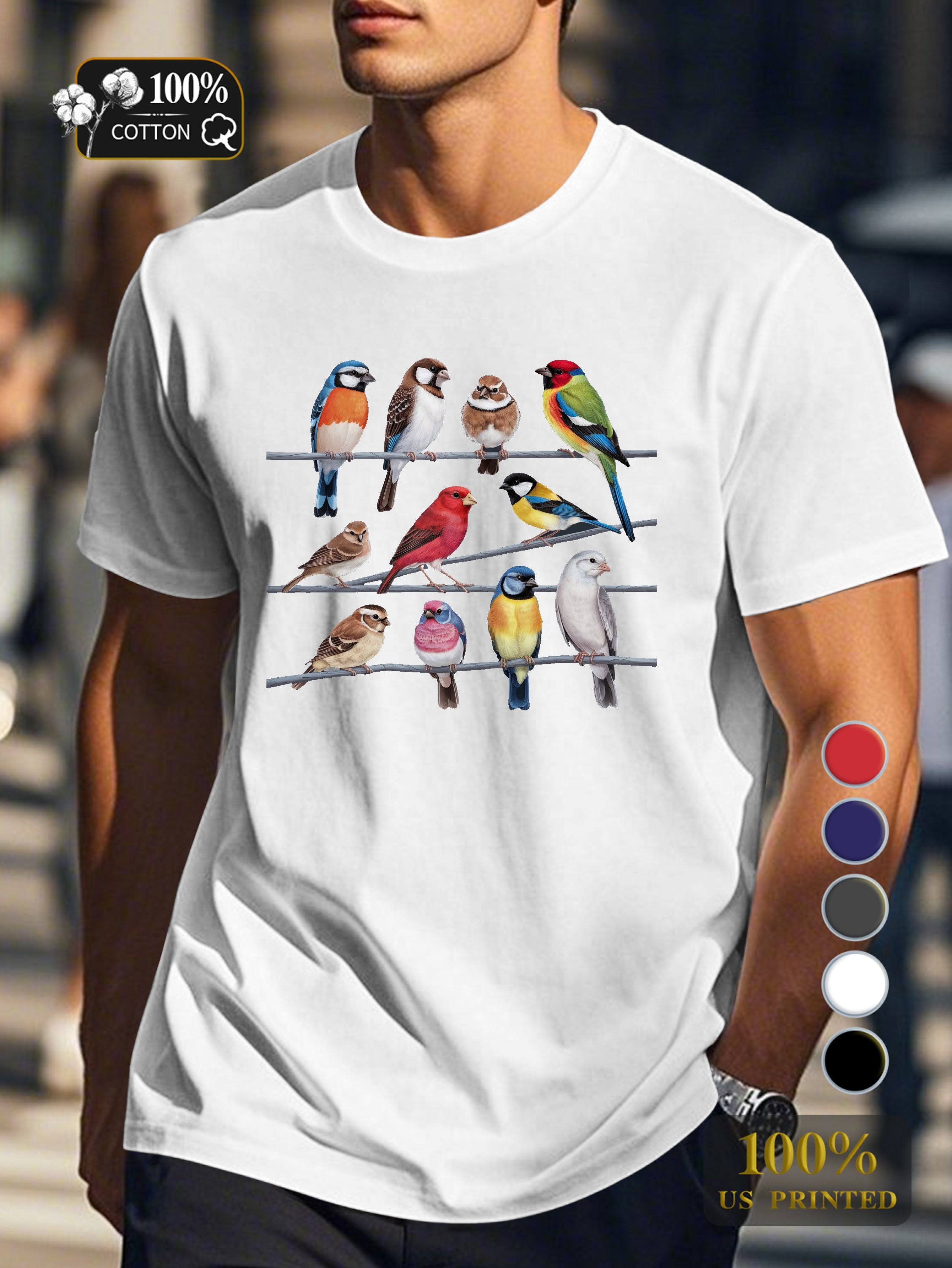 colorful birds illustration Men's pure cotton Tshirt Comfort Fit