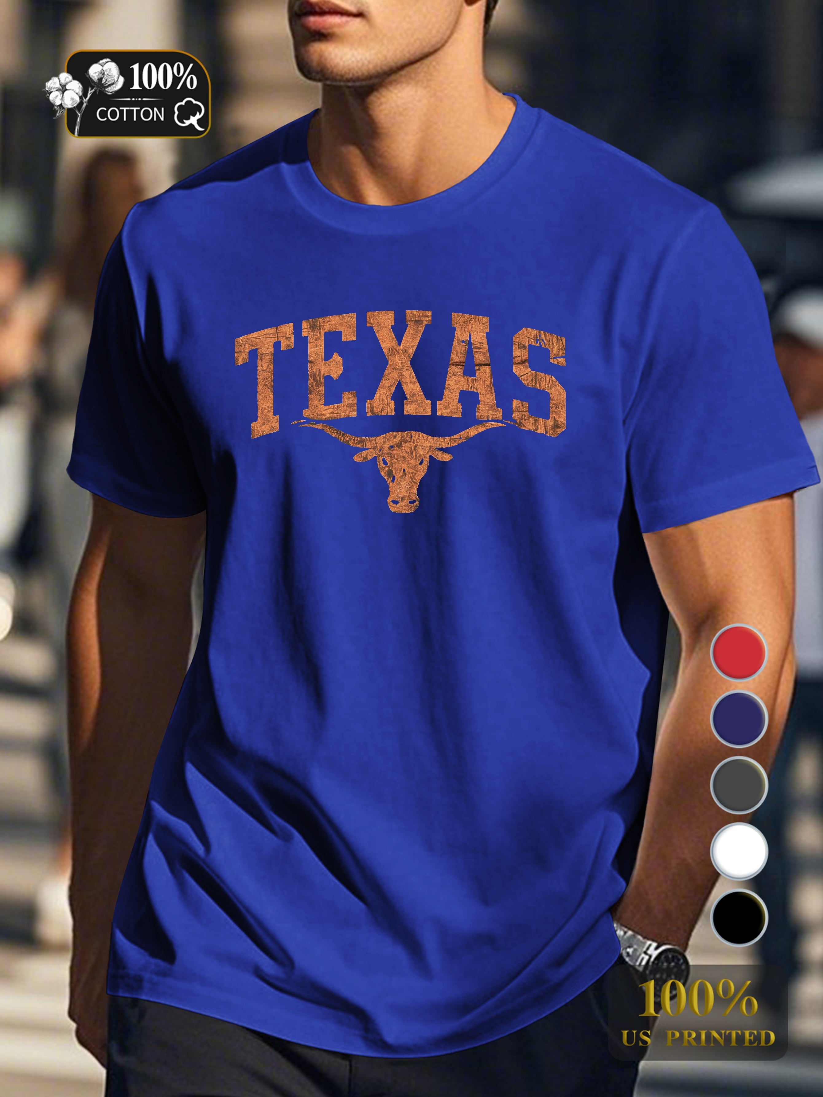 Texas typography with longhorn emblem Men's pure cotton Tshirt Comfort Fit