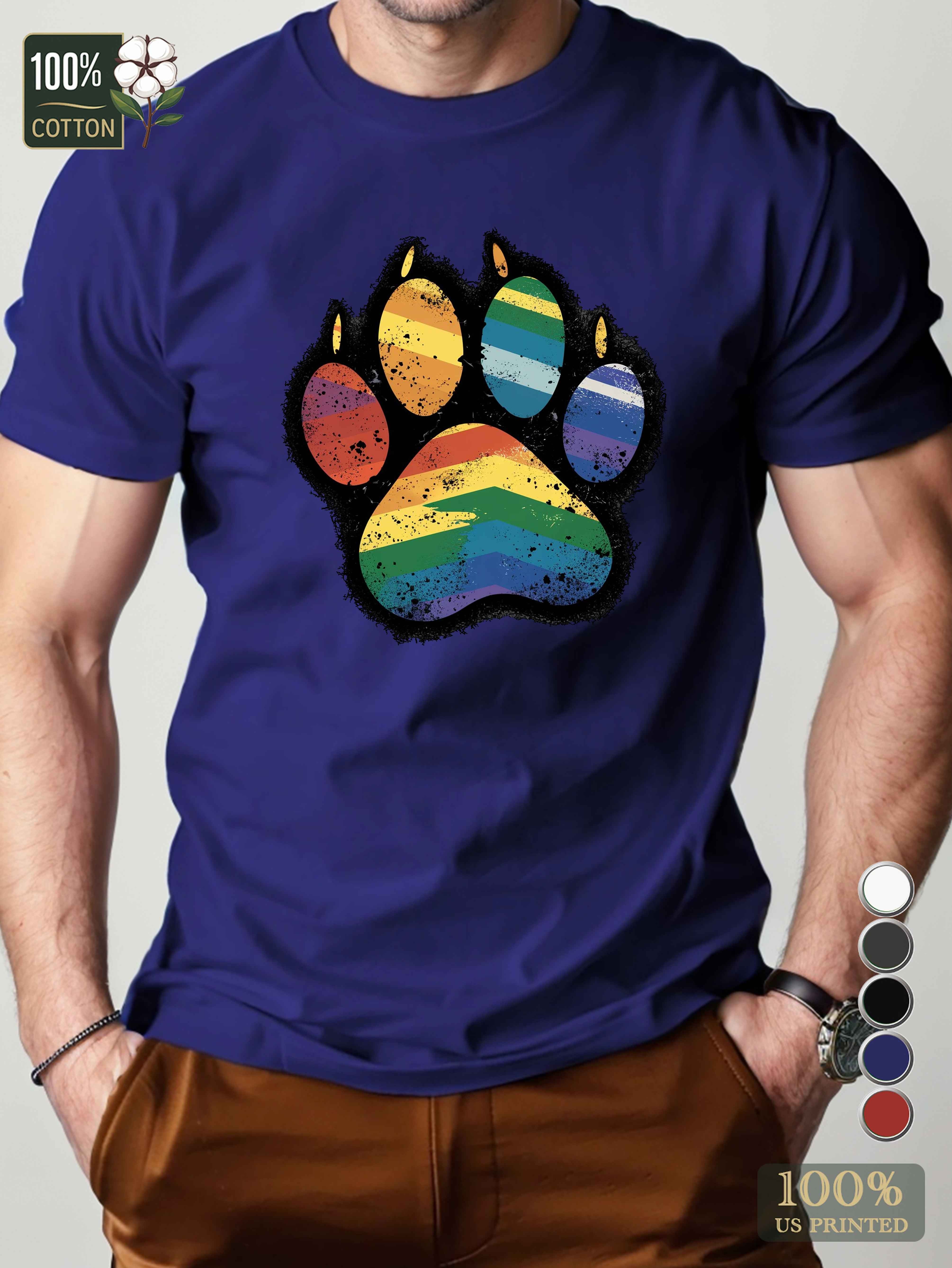 rainbow colored paw print design Men's pure cotton Tshirt Comfort Fit