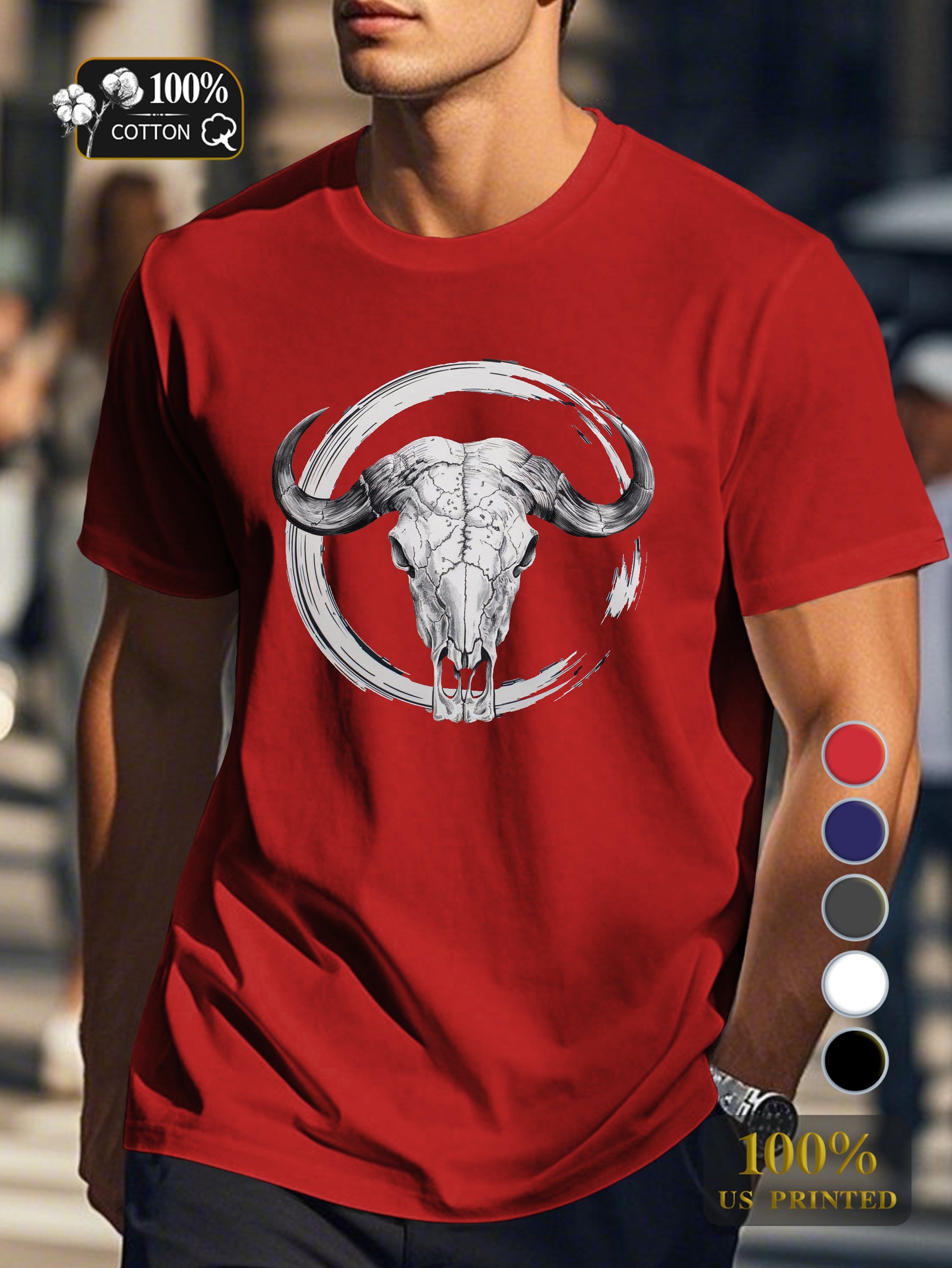artistic representation of a buffalo skull Men's pure cotton Tshirt Comfort Fit