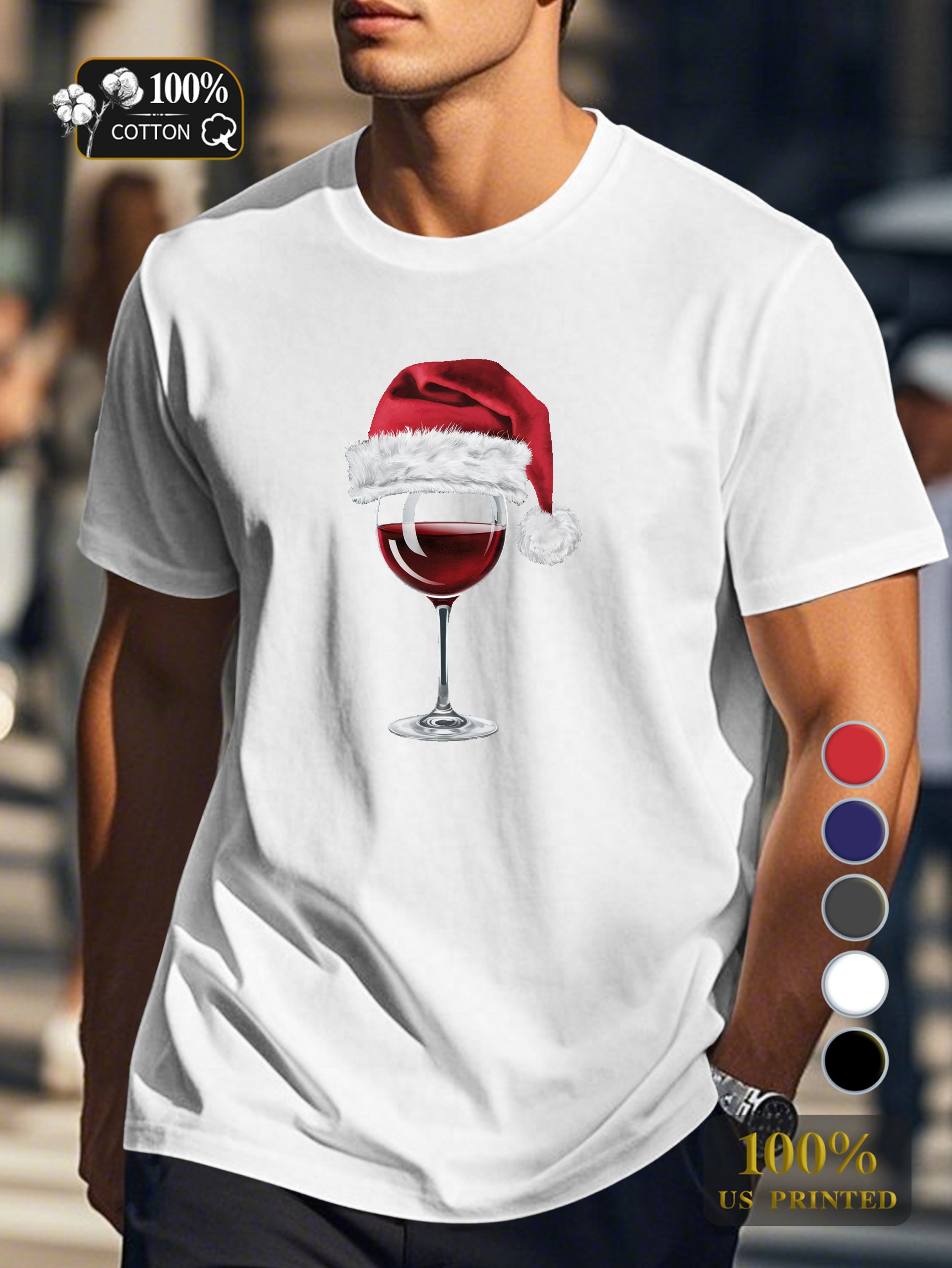 Santa hat on wine glass Men's pure cotton Tshirt Comfort Fit