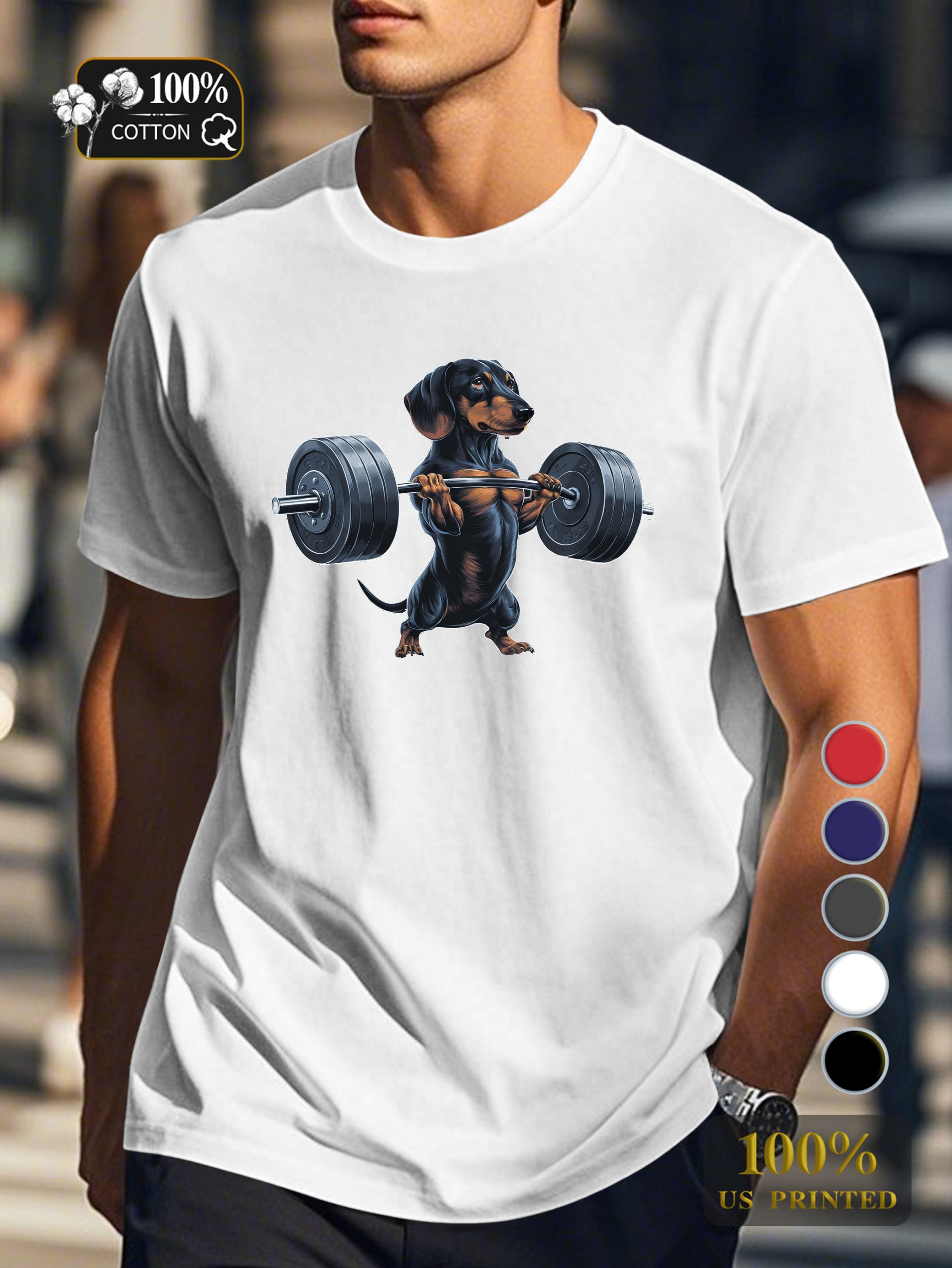 muscular dachshund lifting barbell Men's pure cotton Tshirt Comfort Fit