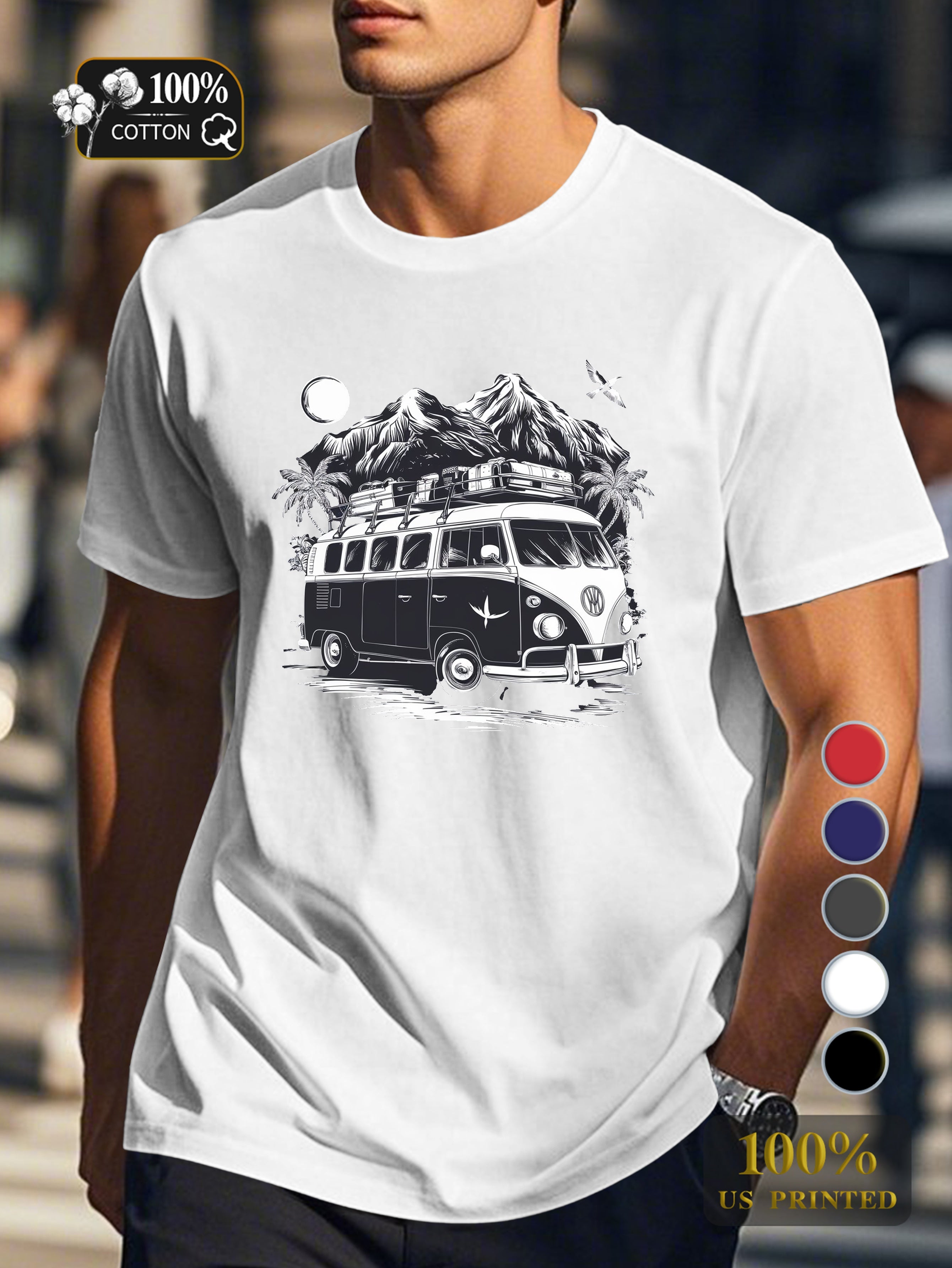 Vintage van with luggage Men's pure cotton Tshirt Comfort Fit