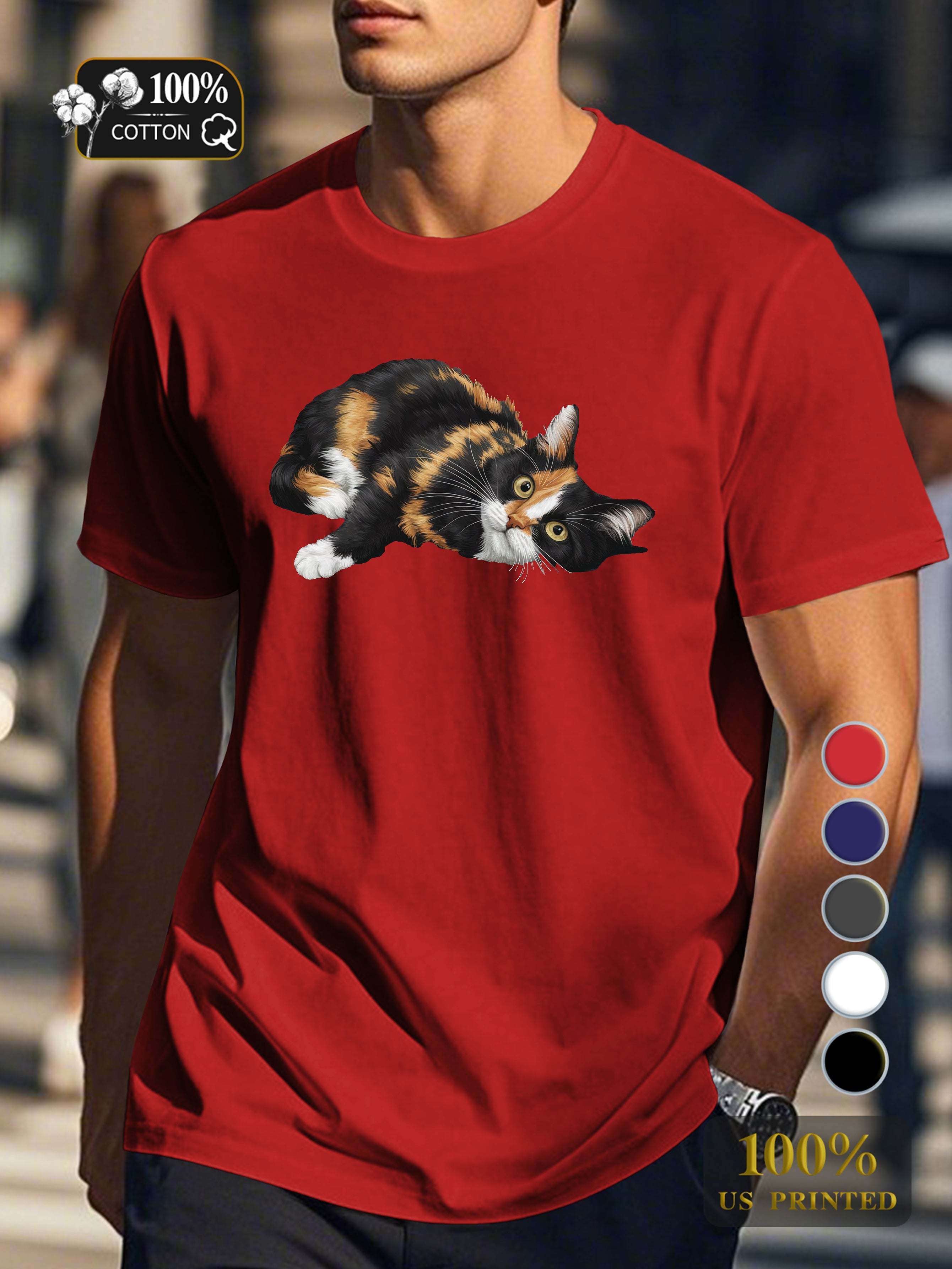 calico cat illustration Men's pure cotton Tshirt Comfort Fit