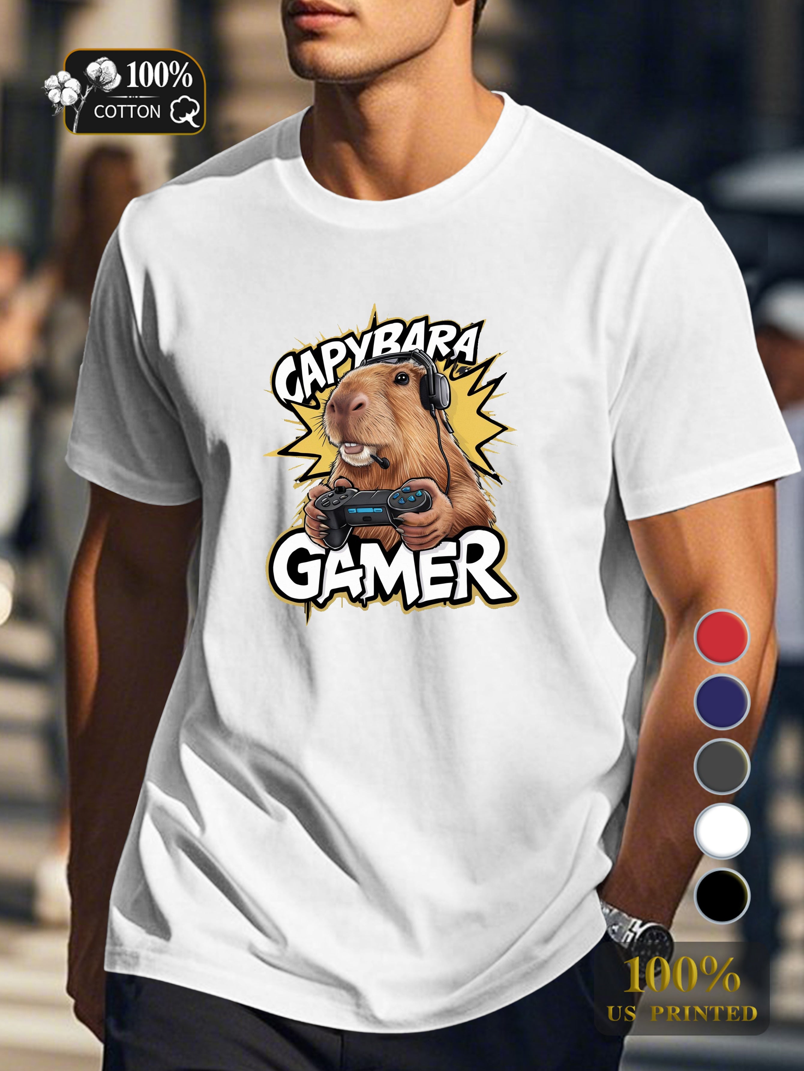 capybara gaming illustration Men's pure cotton Tshirt Comfort Fit