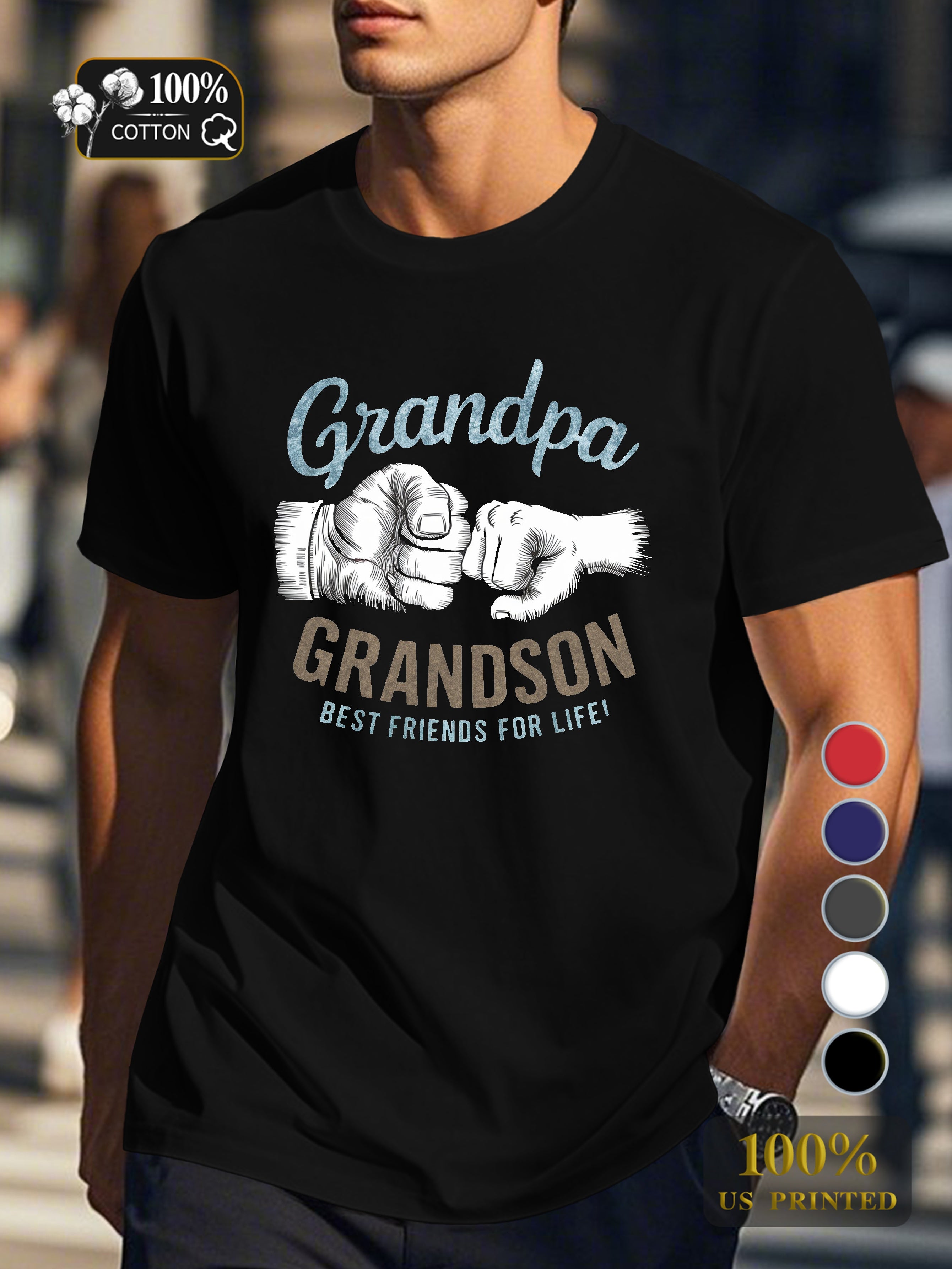Grandpa and grandson illustration Men's pure cotton Tshirt Comfort Fit