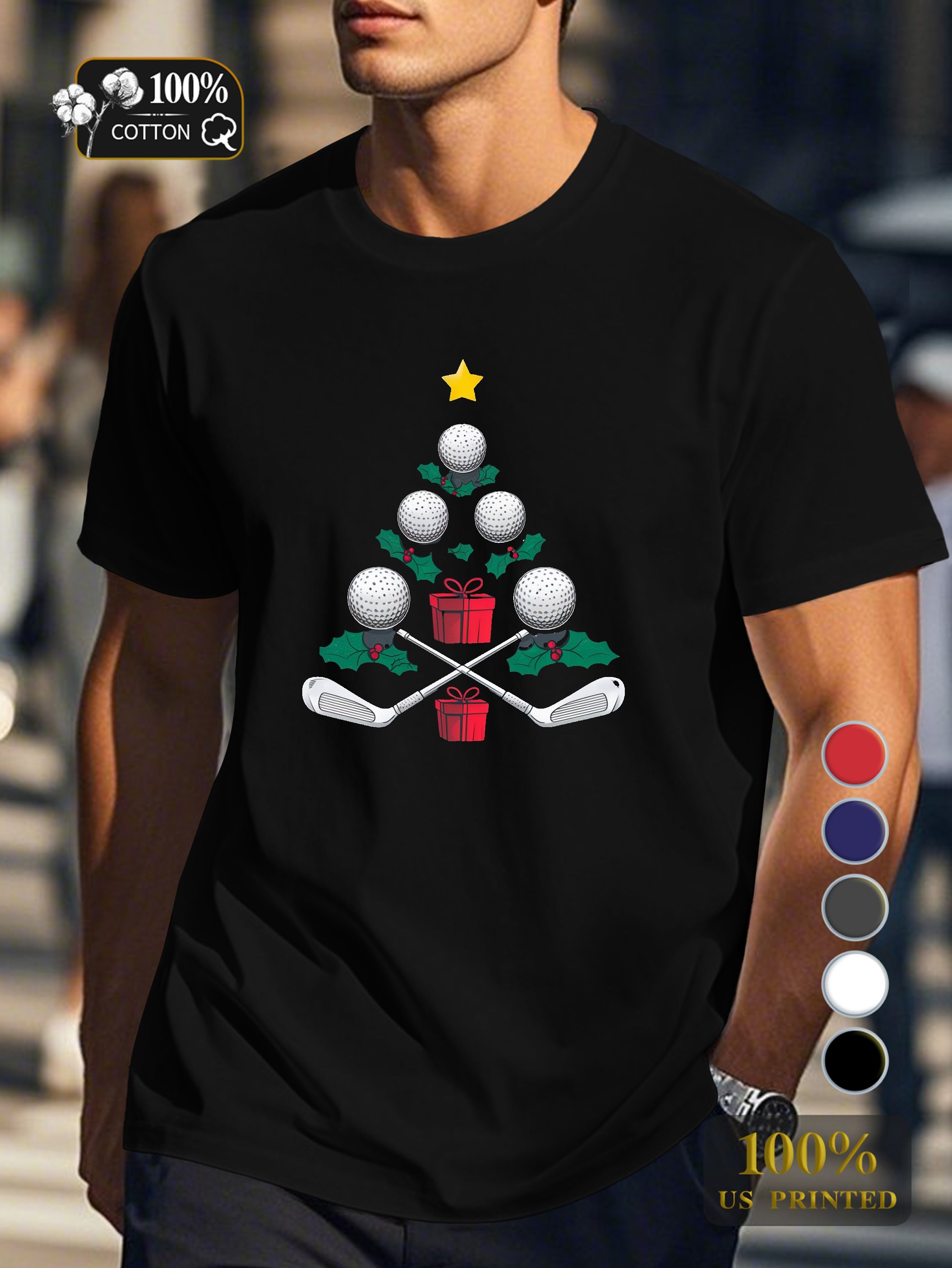 golf themed Christmas tree Men's pure cotton Tshirt Comfort Fit